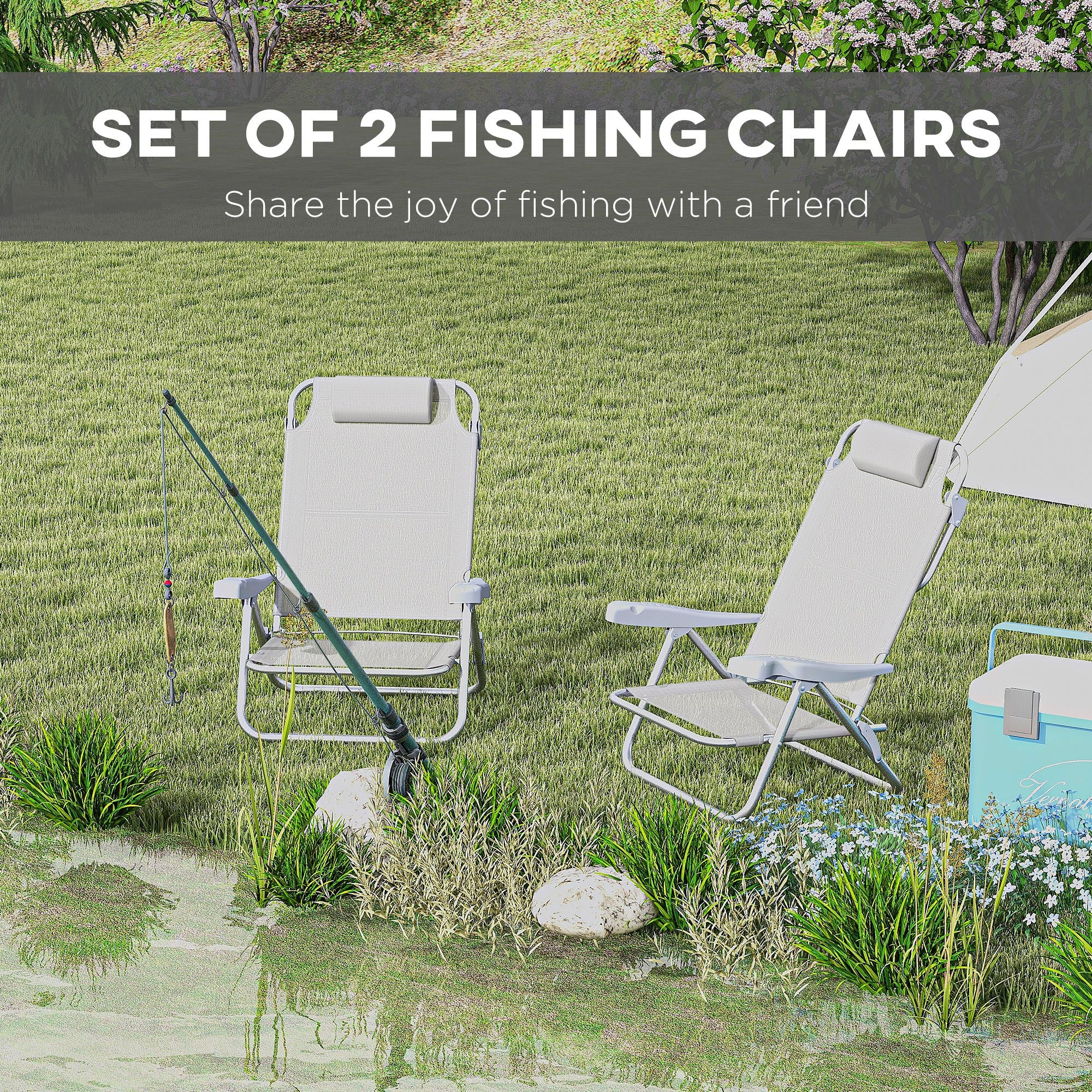 Outsunny Set of 2 Portable Fishing Chairs, Lightweight Camping Chairs with 6-Level Adjustable Backrest and Headrest, Folding Chair for Outdoor, Beach, Light Grey
