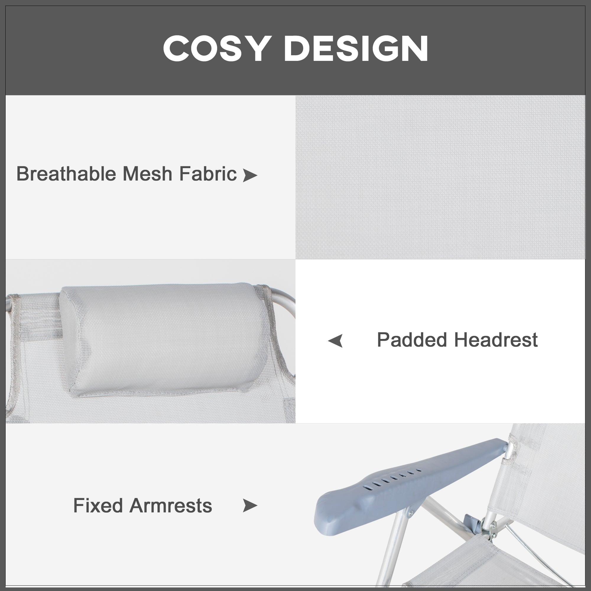 Outsunny Set of 2 Portable Fishing Chairs, Lightweight Camping Chairs with 6-Level Adjustable Backrest and Headrest, Folding Chair for Outdoor, Beach, Light Grey