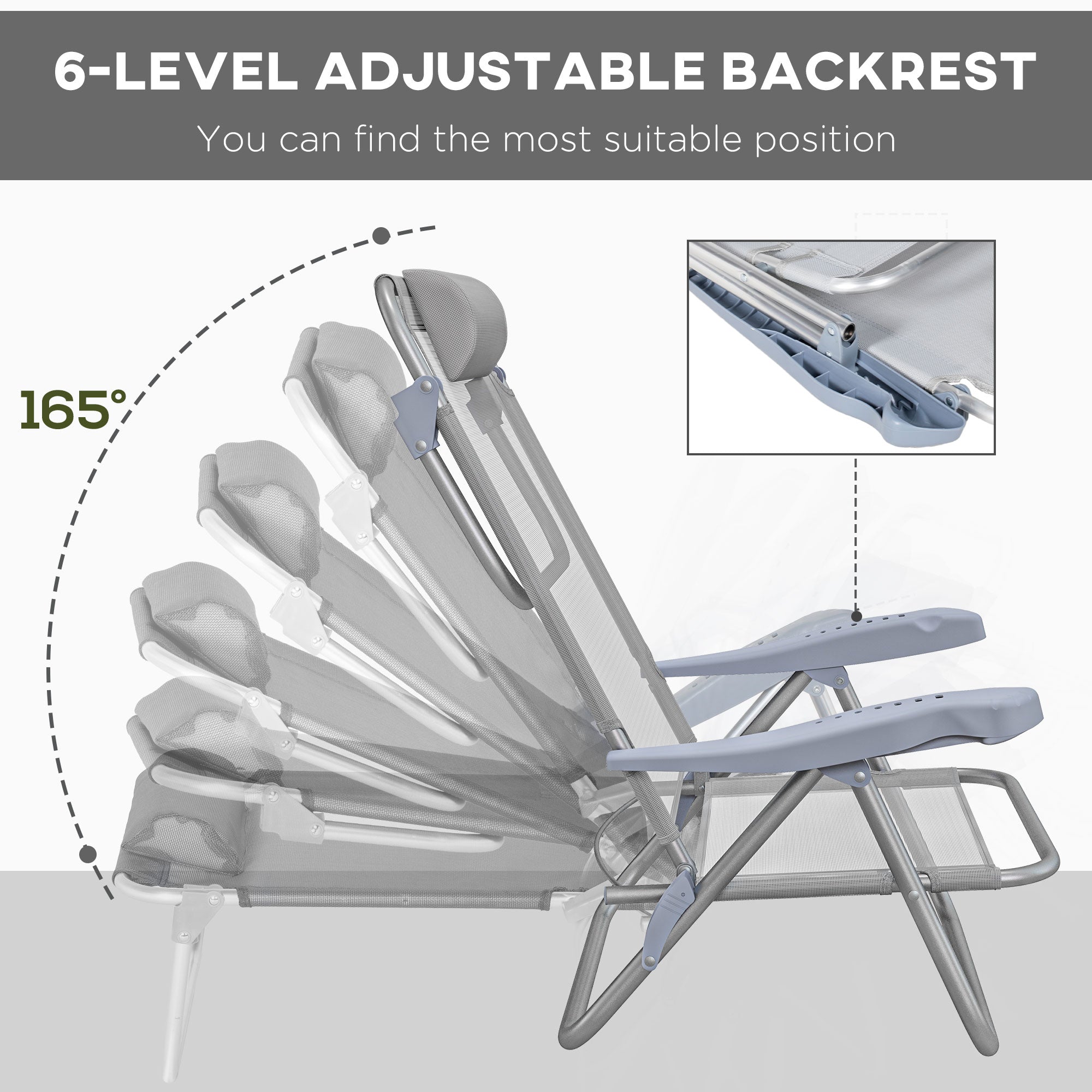 Outsunny Set of 2 Portable Fishing Chairs, Lightweight Camping Chairs with 6-Level Adjustable Backrest and Headrest, Folding Chair for Outdoor, Beach, Light Grey
