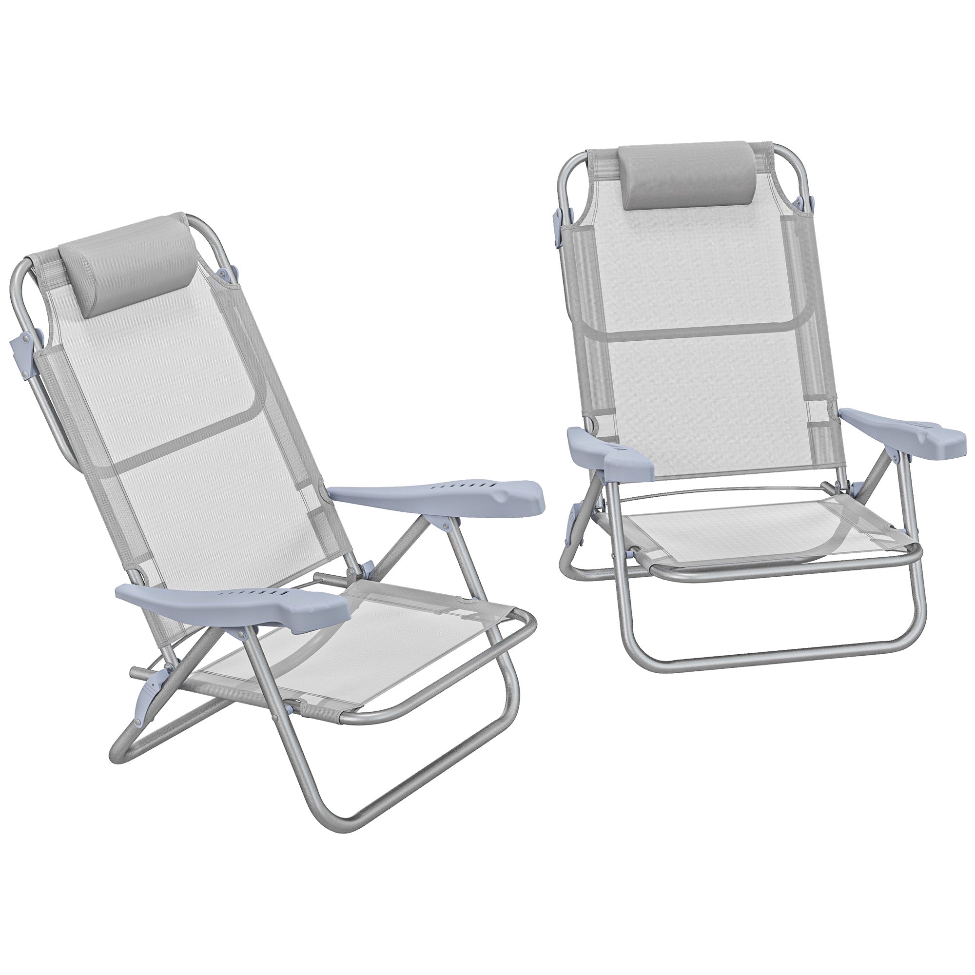 Outsunny Set of 2 Portable Fishing Chairs, Lightweight Camping Chairs with 6-Level Adjustable Backrest and Headrest, Folding Chair for Outdoor, Beach, Light Grey