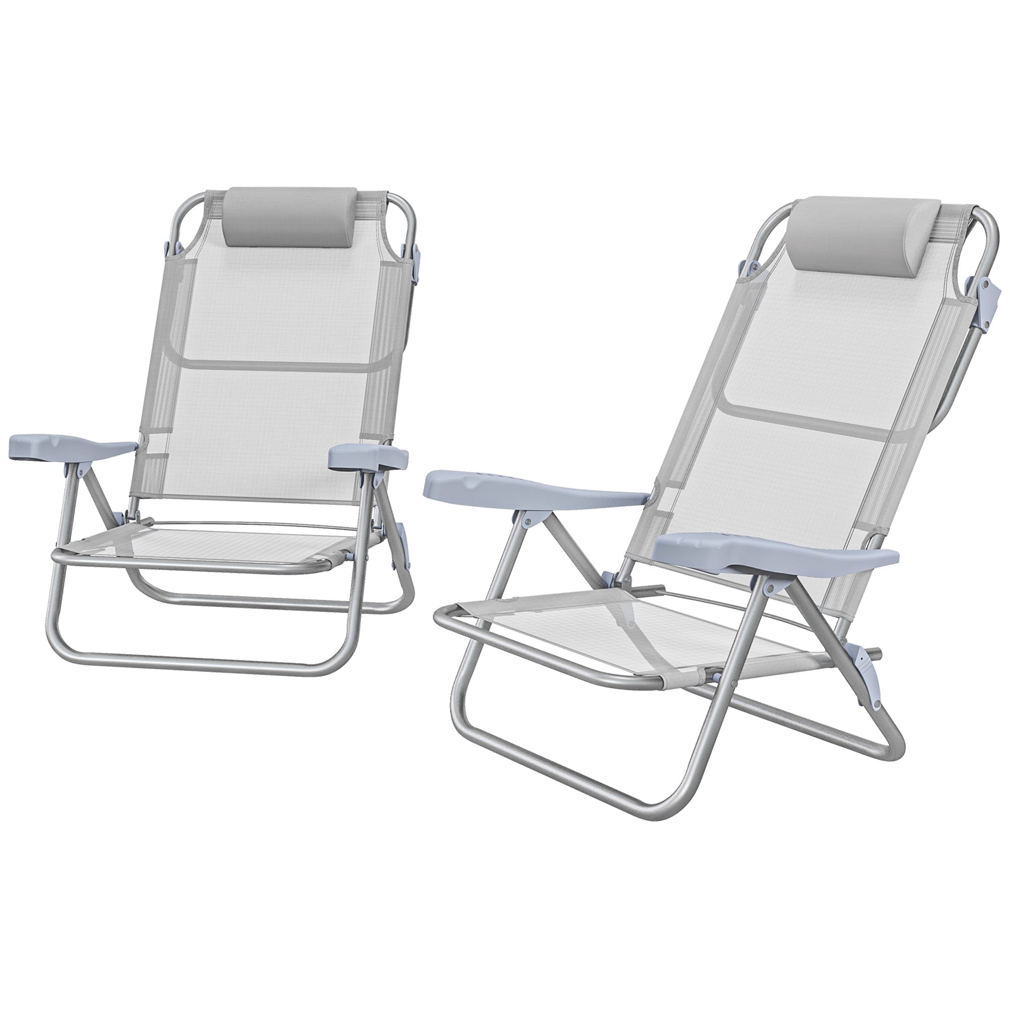 Outsunny Set of 2 Portable Fishing Chairs, Lightweight Camping Chairs with 6-Level Adjustable Backrest and Headrest, Folding Chair for Outdoor, Beach, Light Grey