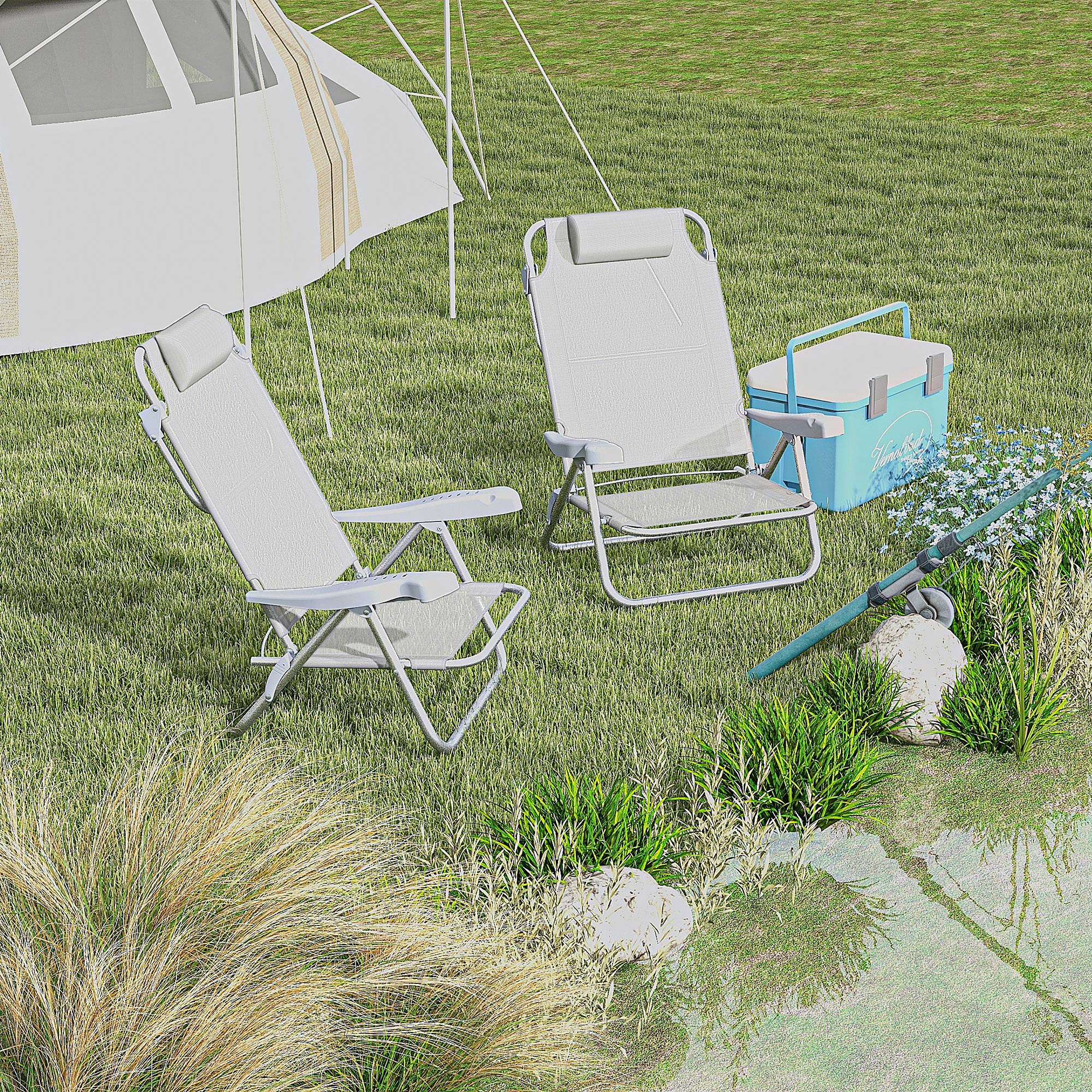 Outsunny Set of 2 Portable Fishing Chairs, Lightweight Camping Chairs with 6-Level Adjustable Backrest and Headrest, Folding Chair for Outdoor, Beach, Light Grey