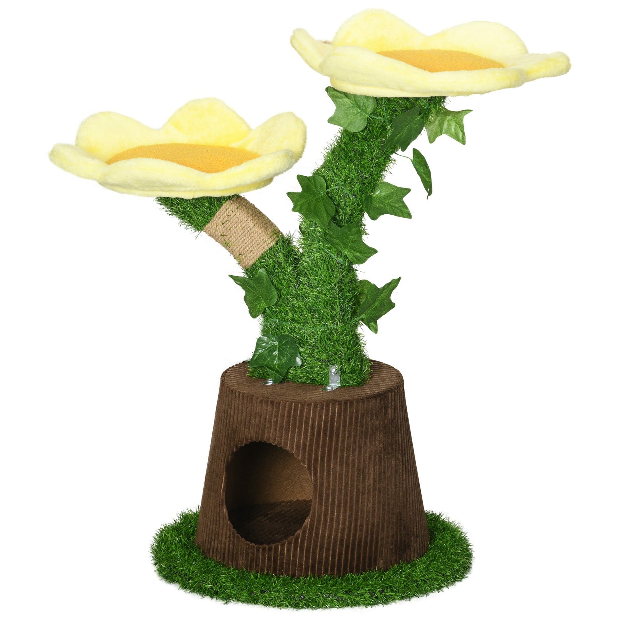 PawHut 18" Plush Cat Tree with Two Flower Platforms, Multi-Activity Centre Cat Tower with Jute Scratching Posts, Elevated Perches, Round Roomy Condo with Door, Green