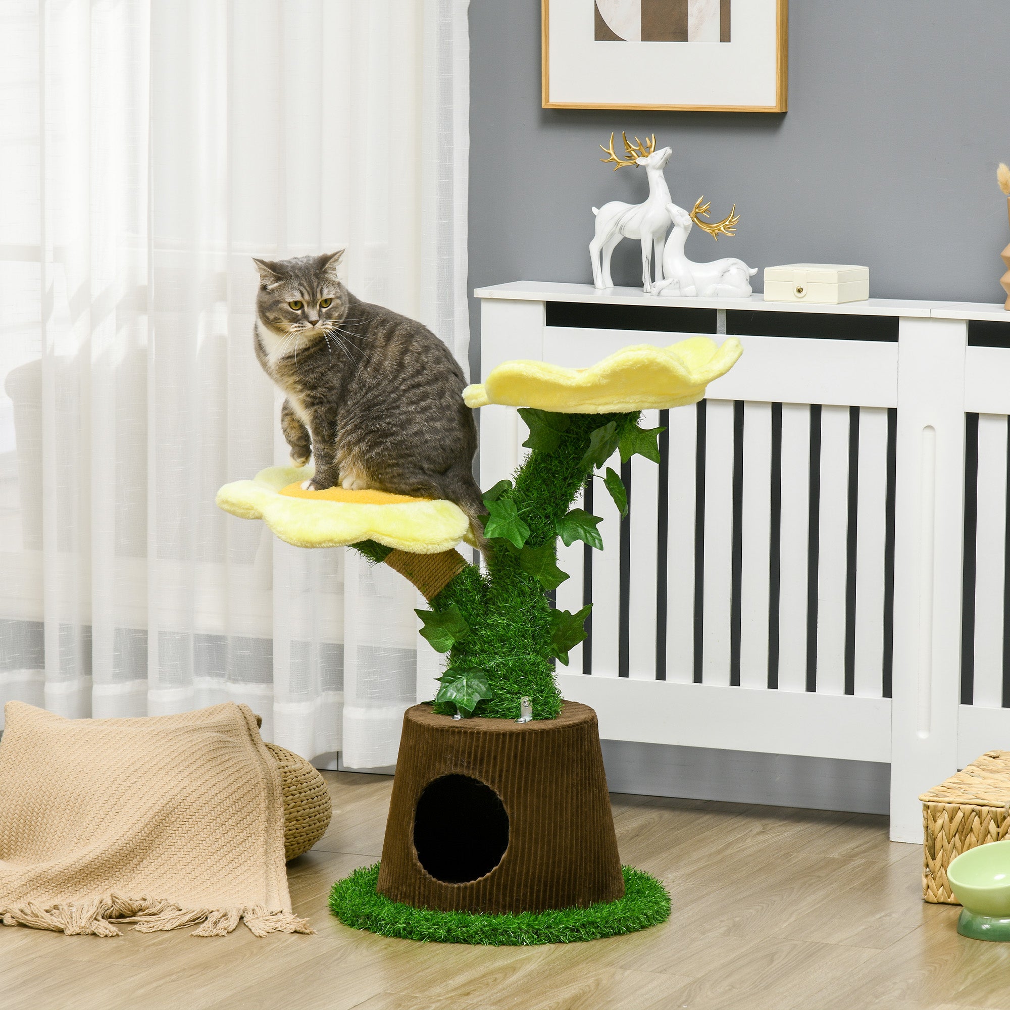 PawHut 18" Plush Cat Tree with Two Flower Platforms, Multi-Activity Centre Cat Tower with Jute Scratching Posts, Elevated Perches, Round Roomy Condo with Door, Green