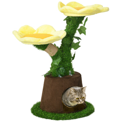PawHut 18" Plush Cat Tree with Two Flower Platforms, Multi-Activity Centre Cat Tower with Jute Scratching Posts, Elevated Perches, Round Roomy Condo with Door, Green
