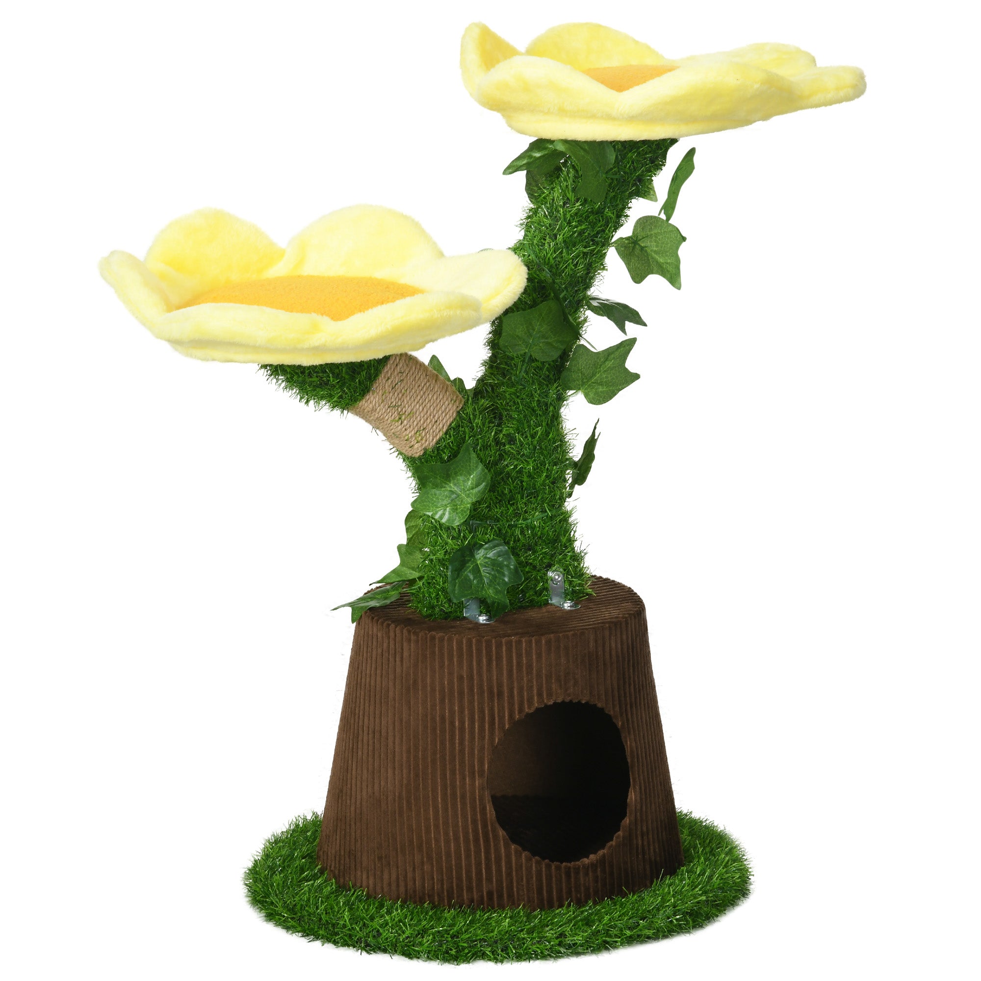 PawHut 18" Plush Cat Tree with Two Flower Platforms, Multi-Activity Centre Cat Tower with Jute Scratching Posts, Elevated Perches, Round Roomy Condo with Door, Green