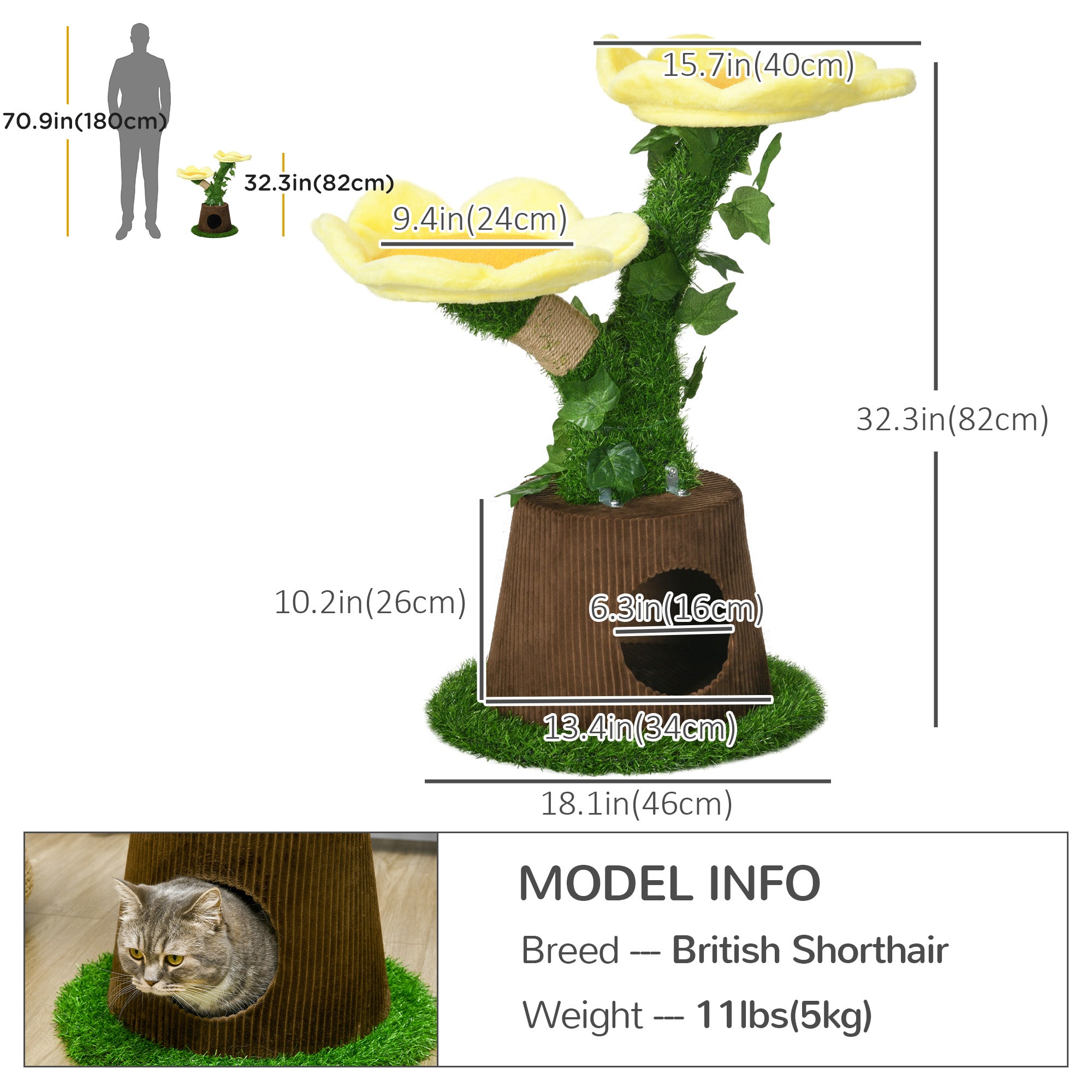 PawHut 18" Plush Cat Tree with Two Flower Platforms, Multi-Activity Centre Cat Tower with Jute Scratching Posts, Elevated Perches, Round Roomy Condo with Door, Green