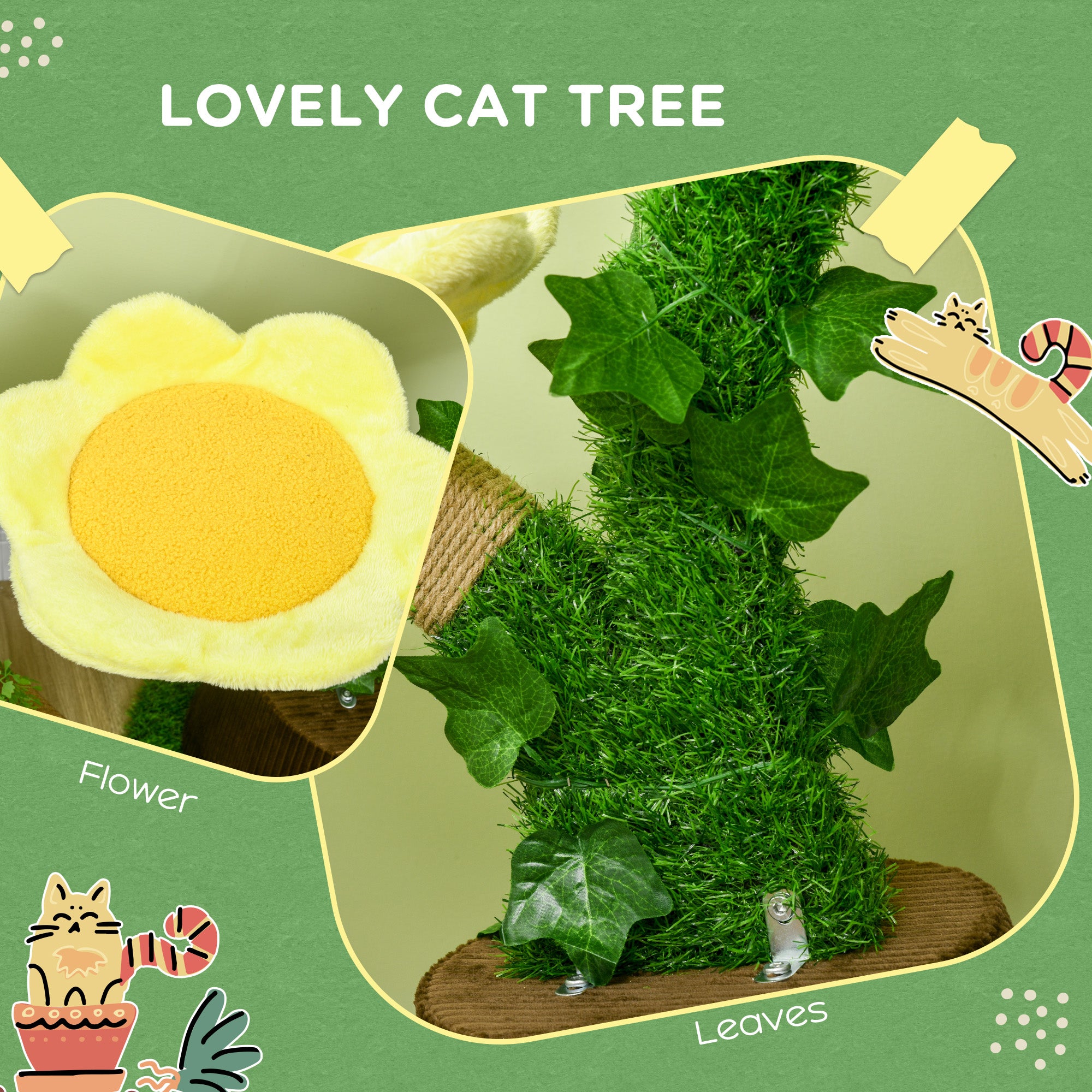 PawHut 18" Plush Cat Tree with Two Flower Platforms, Multi-Activity Centre Cat Tower with Jute Scratching Posts, Elevated Perches, Round Roomy Condo with Door, Green