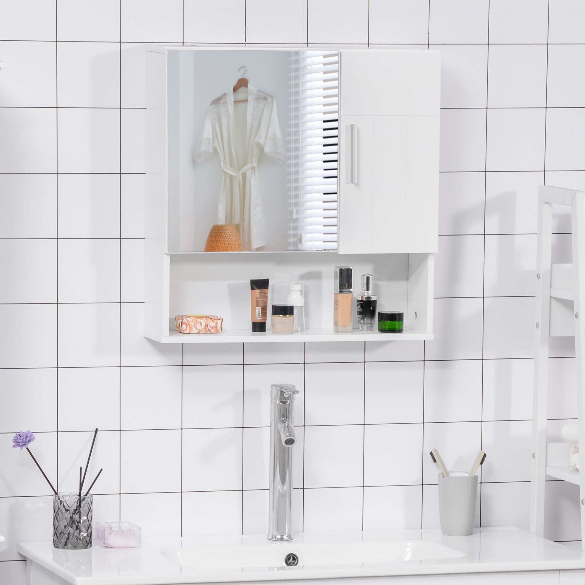 kleankin Bathroom Mirror Cabinet, Wall Mounted Medicine Cabinet with Double Doors and Adjustable Shelf, White