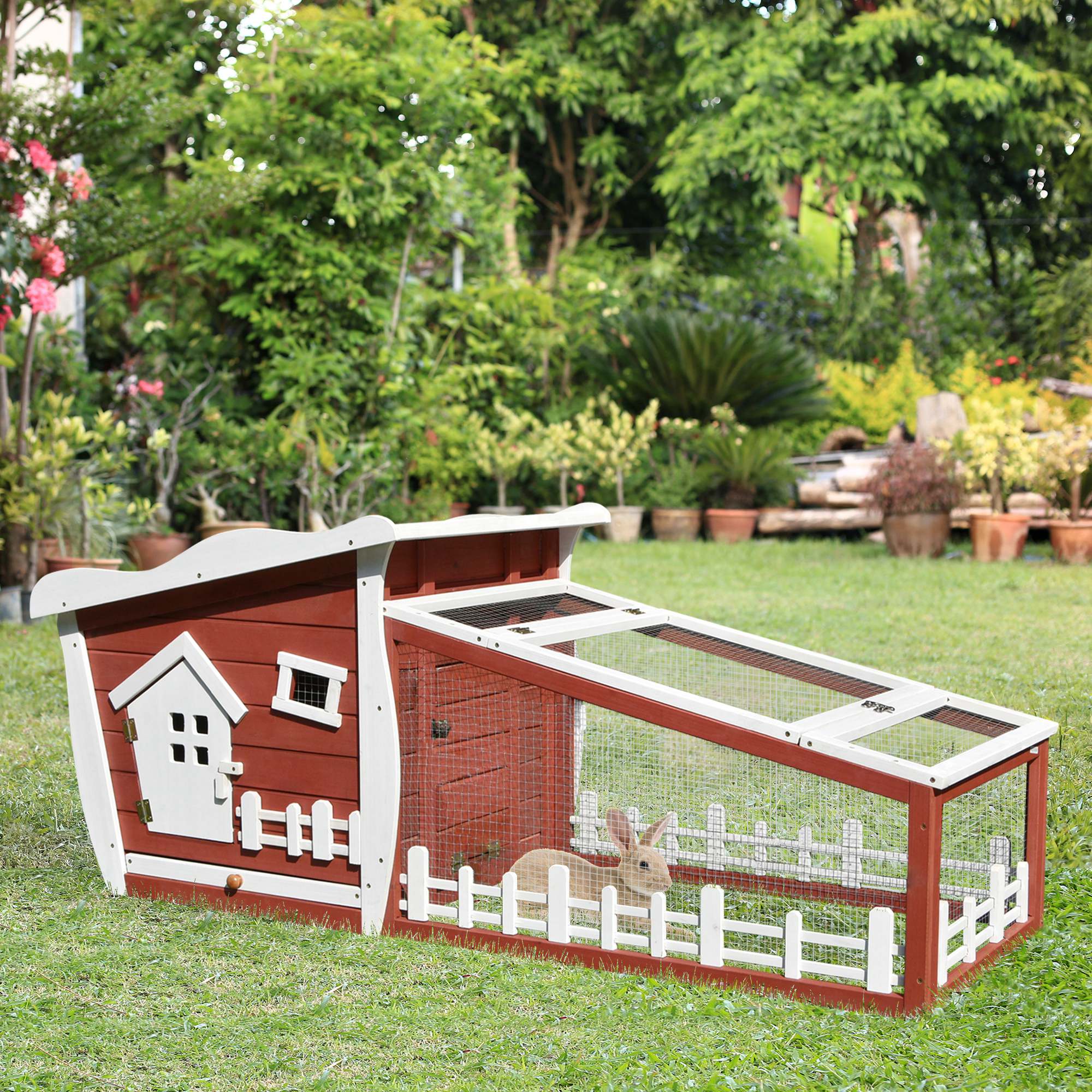 Pawhut Wooden Rabbit Hutch Outdoor Guinea Pig Hutch Backyard Bunny Cage Small Animal House Ramp Run 152 x 62 x 64 cm
