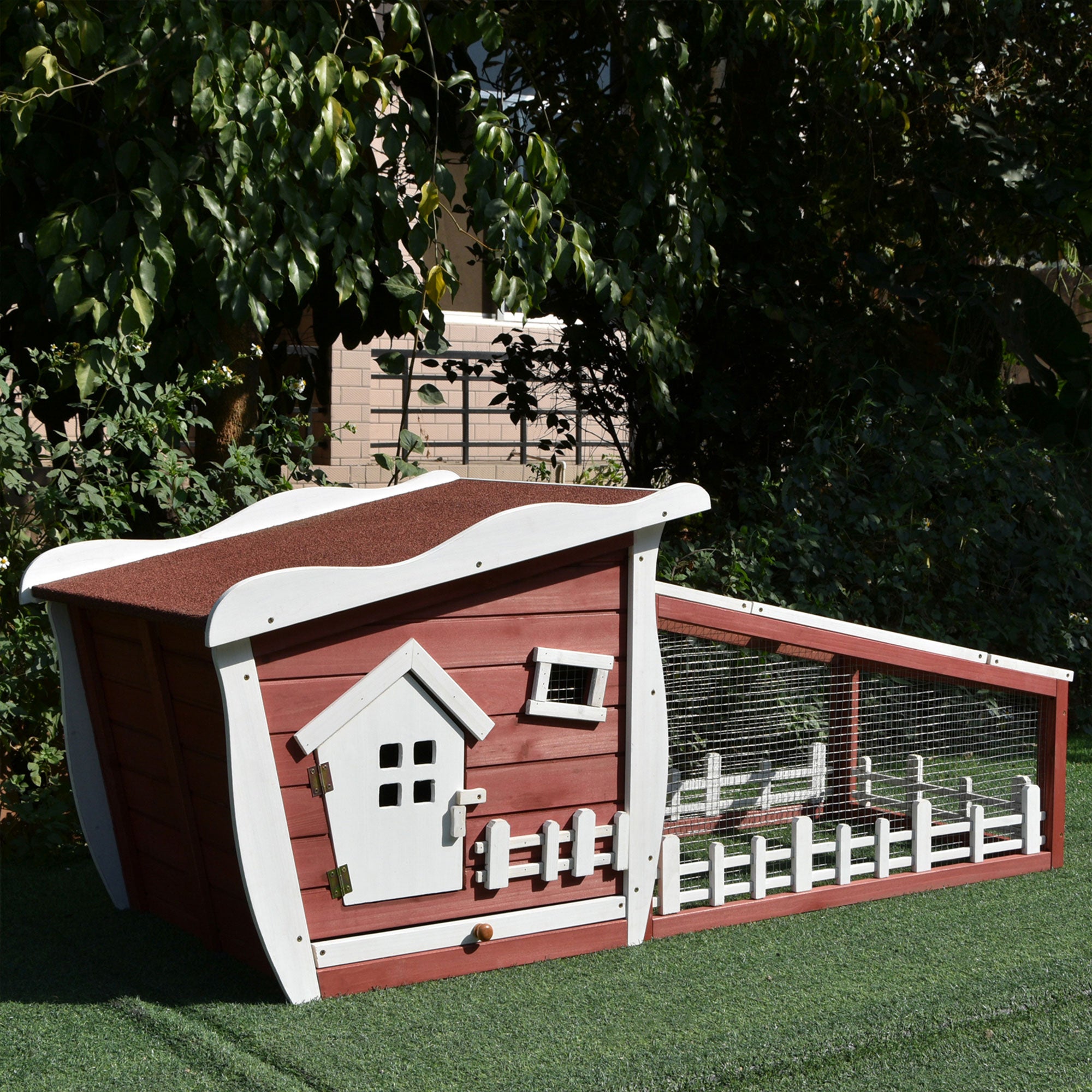 PawHut Wood Rabbit Hutch Backyard Bunny Cage Small Animal House habitat w/ Ramp and Outdoor Run