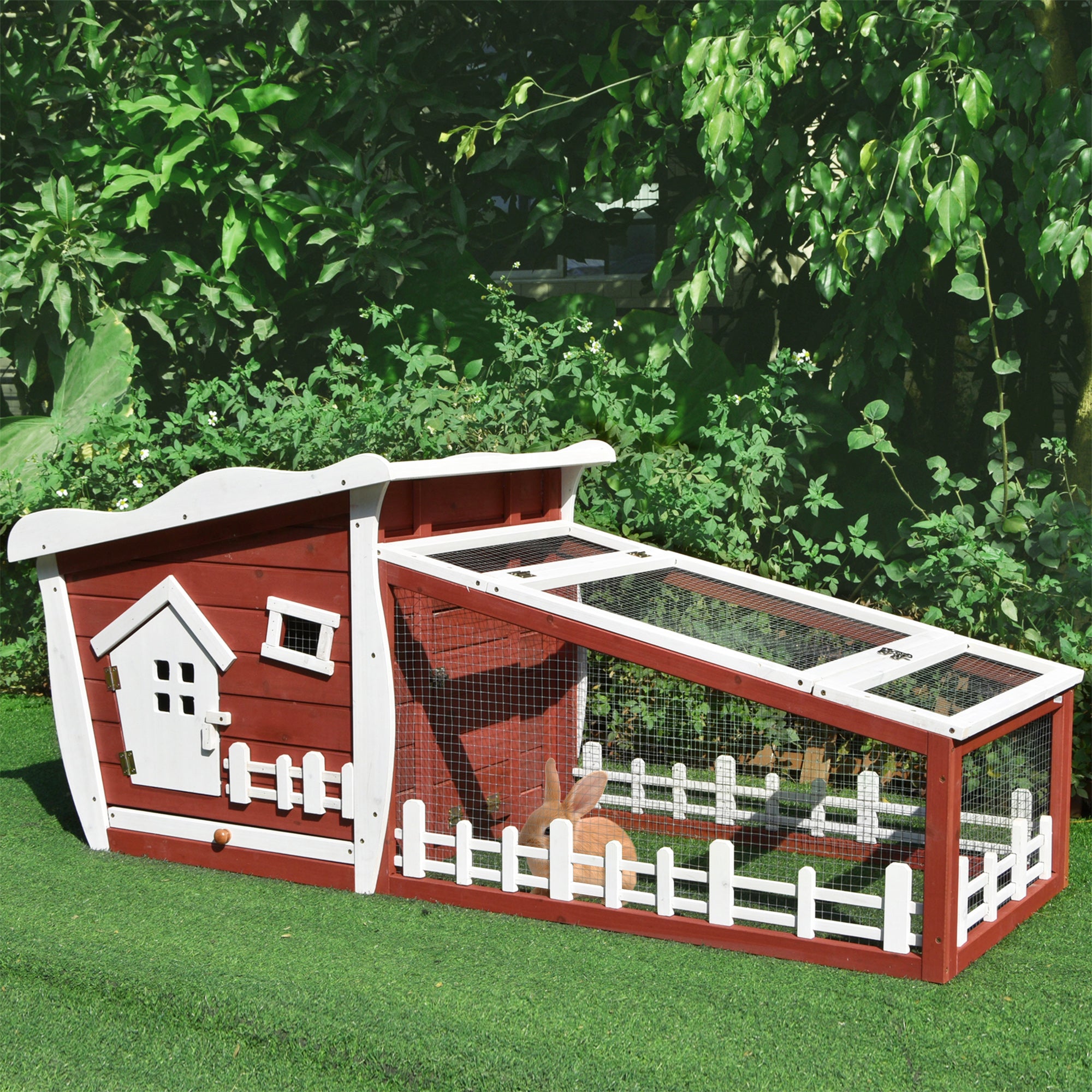 Pawhut Wooden Rabbit Hutch Outdoor Guinea Pig Hutch Backyard Bunny Cage Small Animal House Ramp Run 152 x 62 x 64 cm