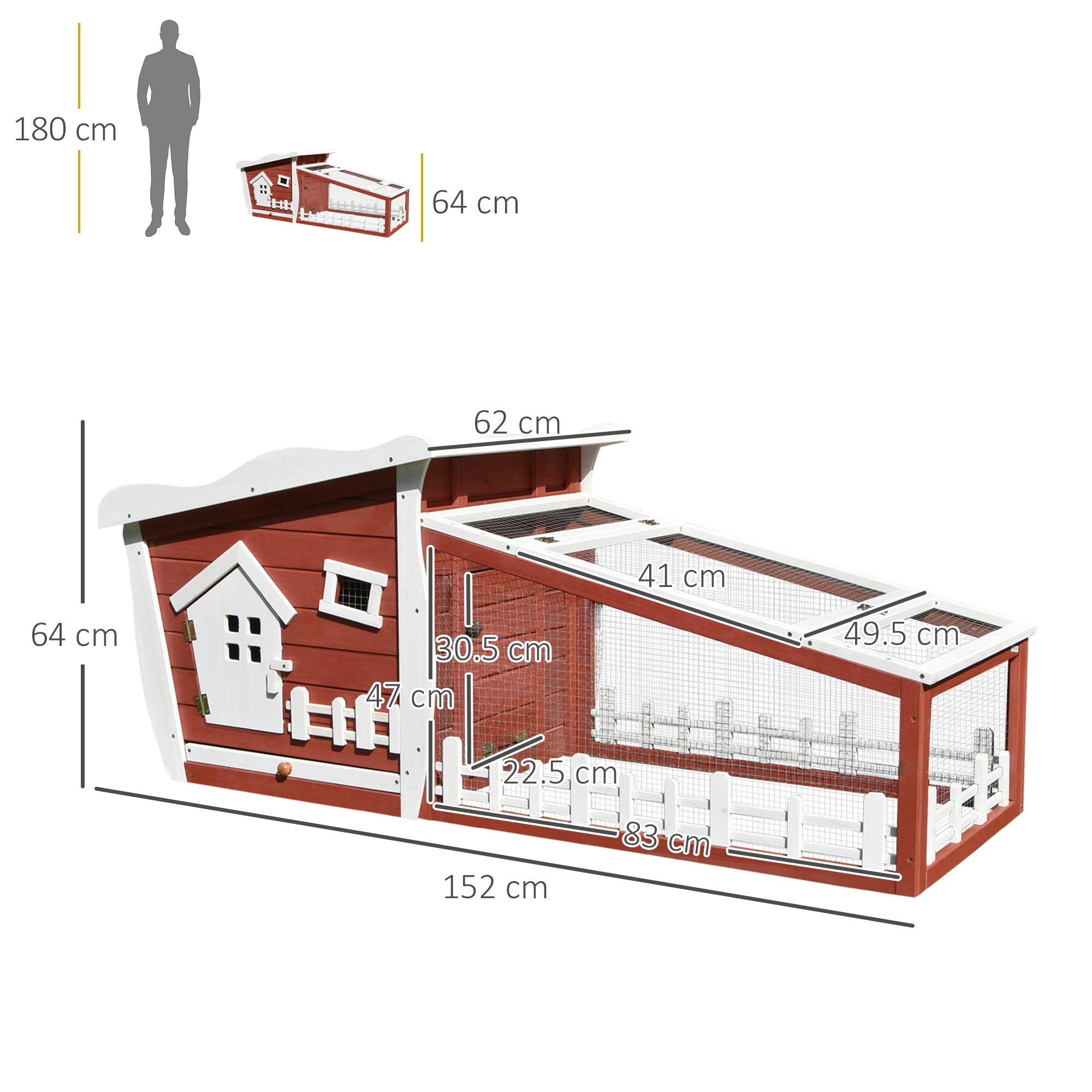 Pawhut Wooden Rabbit Hutch Outdoor Guinea Pig Hutch Backyard Bunny Cage Small Animal House Ramp Run 152 x 62 x 64 cm