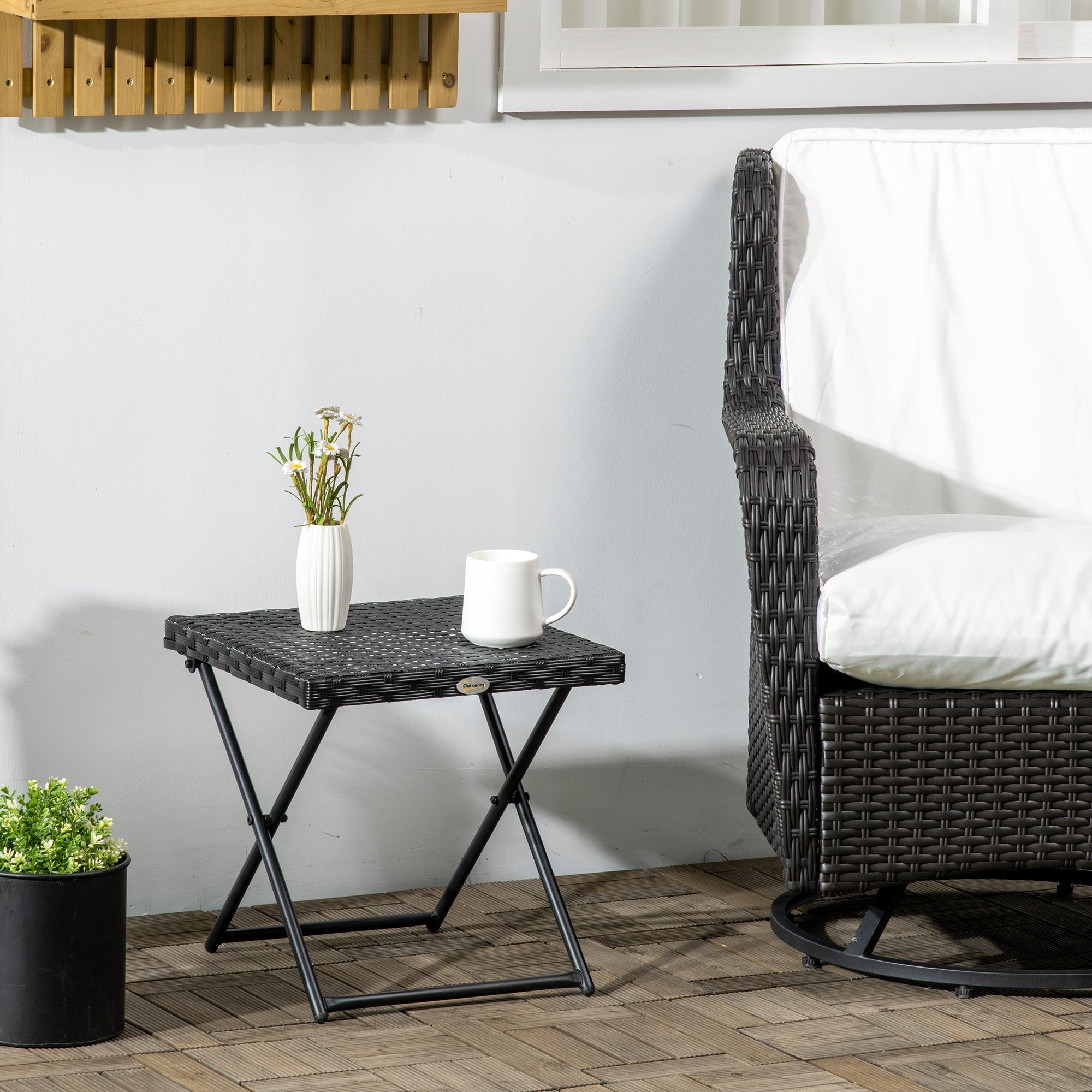 Outsunny Rattan Coffee Table Folding Patio Outdoor Side Table Wicker for Balcony, Porch, Poolside, 15.75