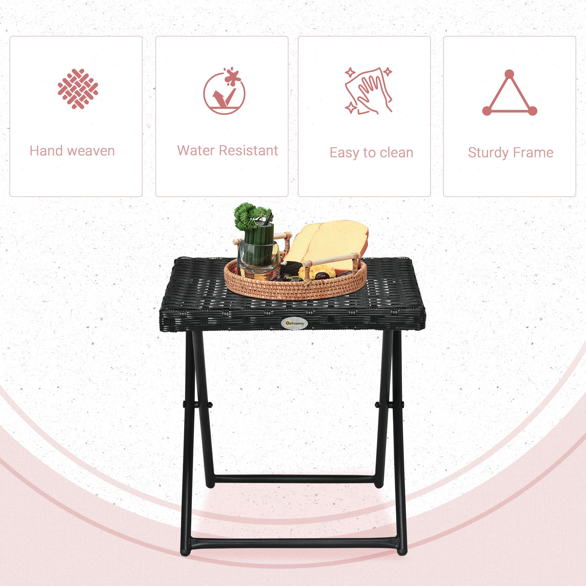 Outsunny Rattan Coffee Table Folding Patio Outdoor Side Table Wicker for Balcony, Porch, Poolside, 15.75"x15.75"x15.75", Black