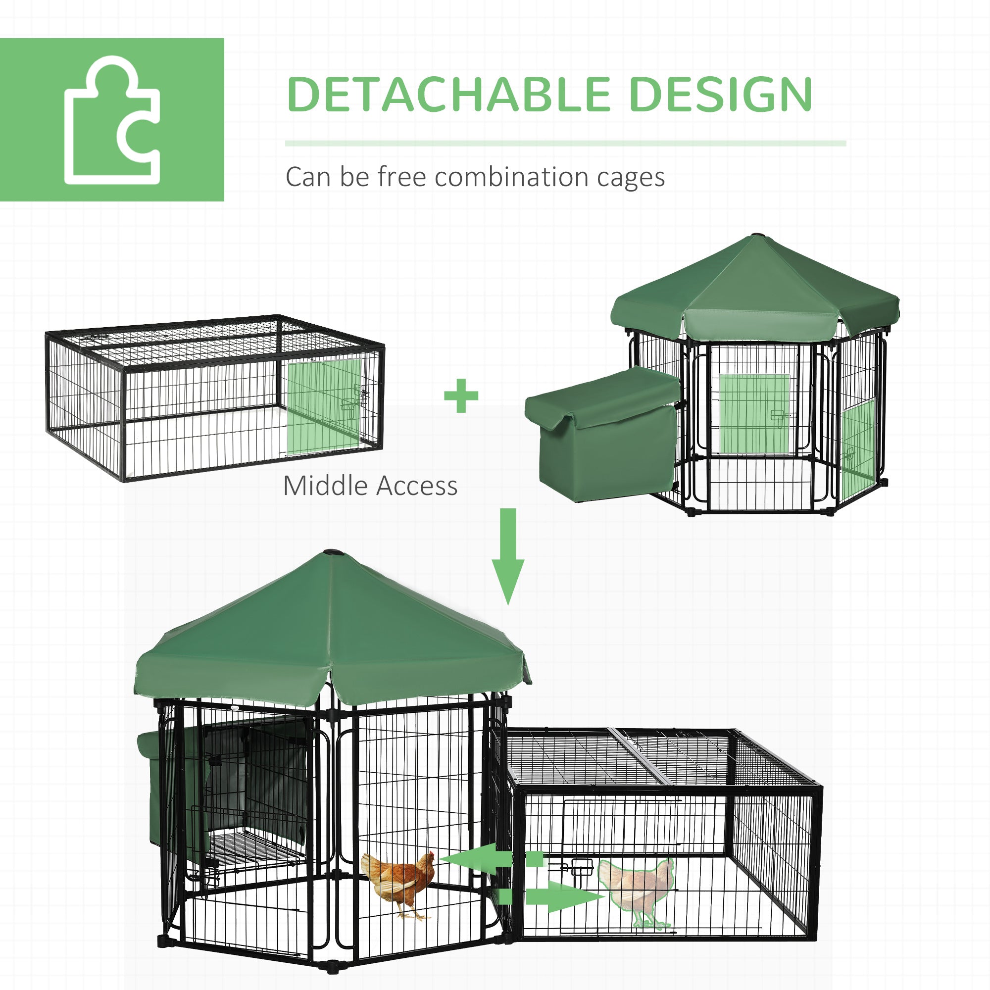 PawHut Steel Chicken Coop, Outdoor Hexagonal Hen House, Heavy Duty Detachable Poultry Crate Rabbit Hutch with Water-Resistant Canopy, Run, Nesting Box, Lockable Doors, Green