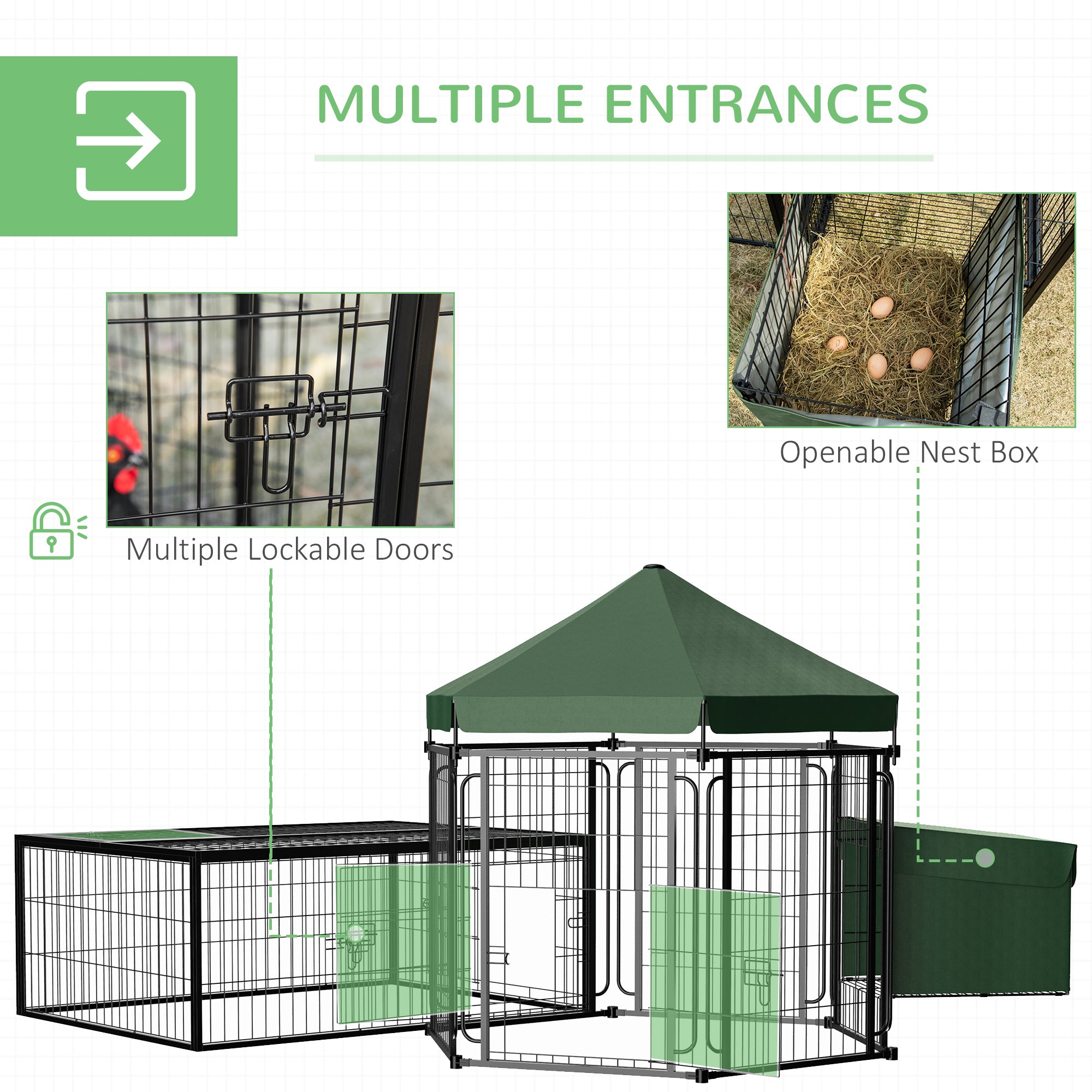 PawHut Steel Chicken Coop, Outdoor Hexagonal Hen House, Heavy Duty Detachable Poultry Crate Rabbit Hutch with Water-Resistant Canopy, Run, Nesting Box, Lockable Doors, Green