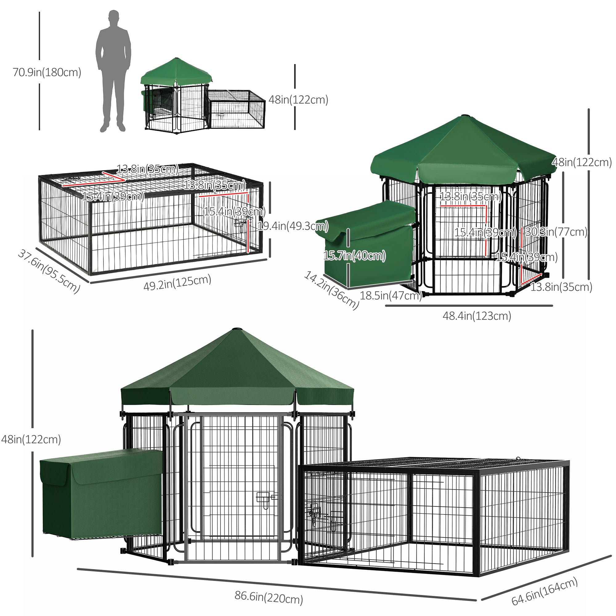 PawHut Steel Chicken Coop, Outdoor Hexagonal Hen House, Heavy Duty Detachable Poultry Crate Rabbit Hutch with Water-Resistant Canopy, Run, Nesting Box, Lockable Doors, Green