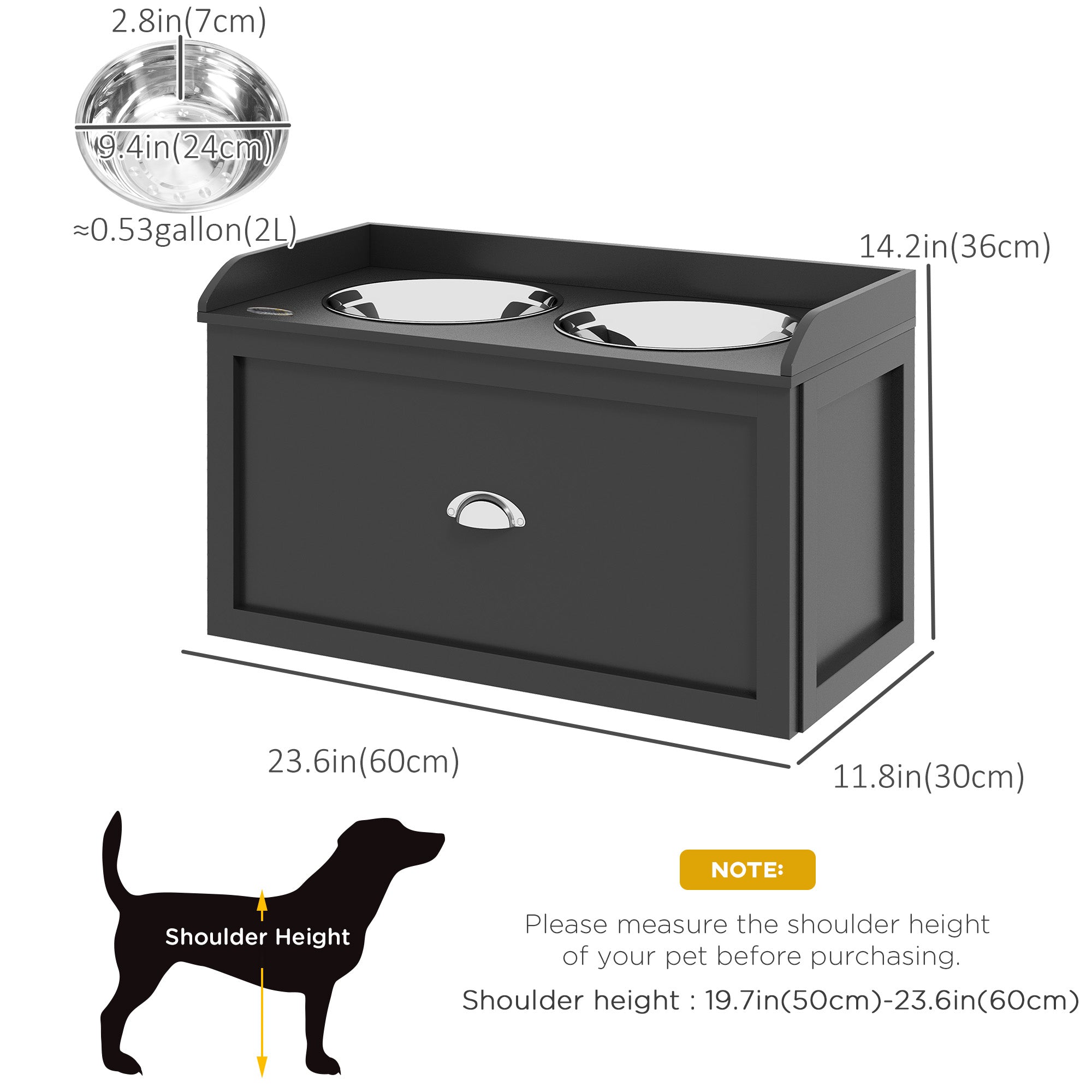 PawHut Elevated Dog Bowls for Large Dogs, Raised Pet Feeding Station with 2 Stainless Steel Bowls, Hidden Storage Drawer, Wood Stand for Cats, Black