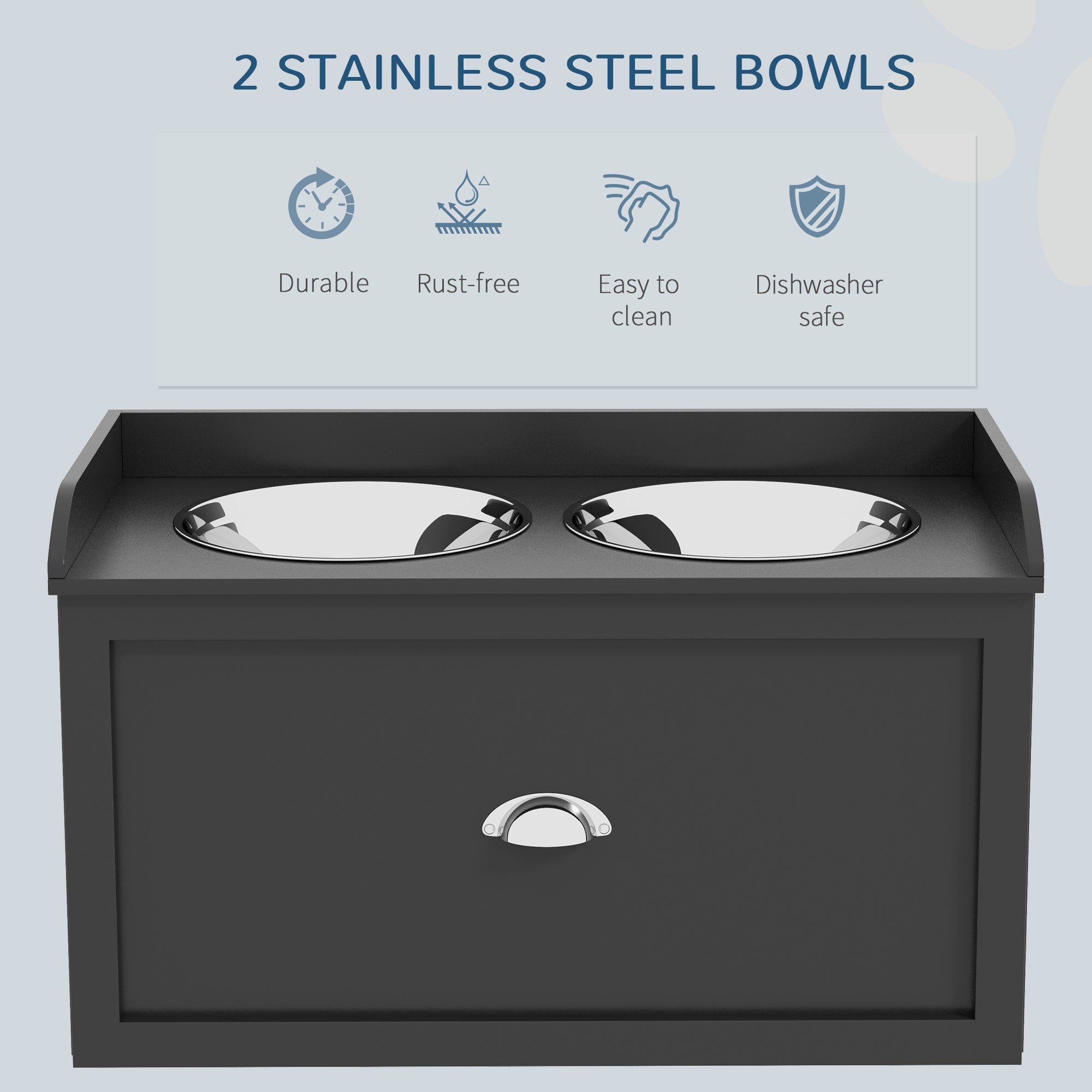 PawHut Elevated Dog Bowls for Large Dogs, Raised Pet Feeding Station with 2 Stainless Steel Bowls, Hidden Storage Drawer, Wood Stand for Cats, Black