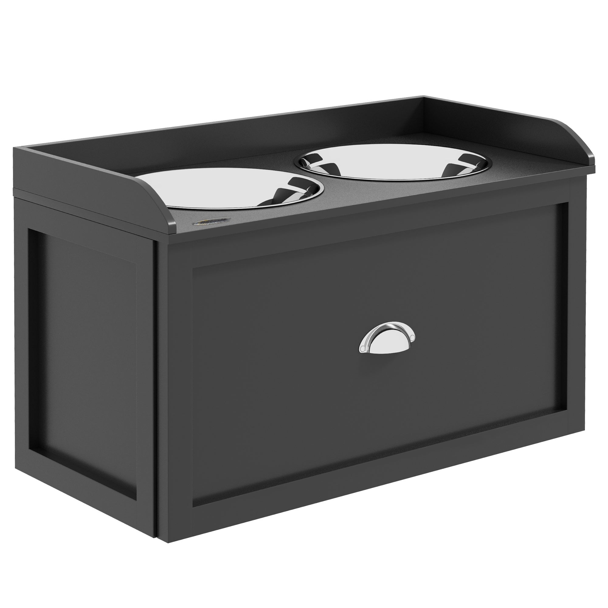 PawHut Elevated Dog Bowls for Large Dogs, Raised Pet Feeding Station with 2 Stainless Steel Bowls, Hidden Storage Drawer, Wood Stand for Cats, Black