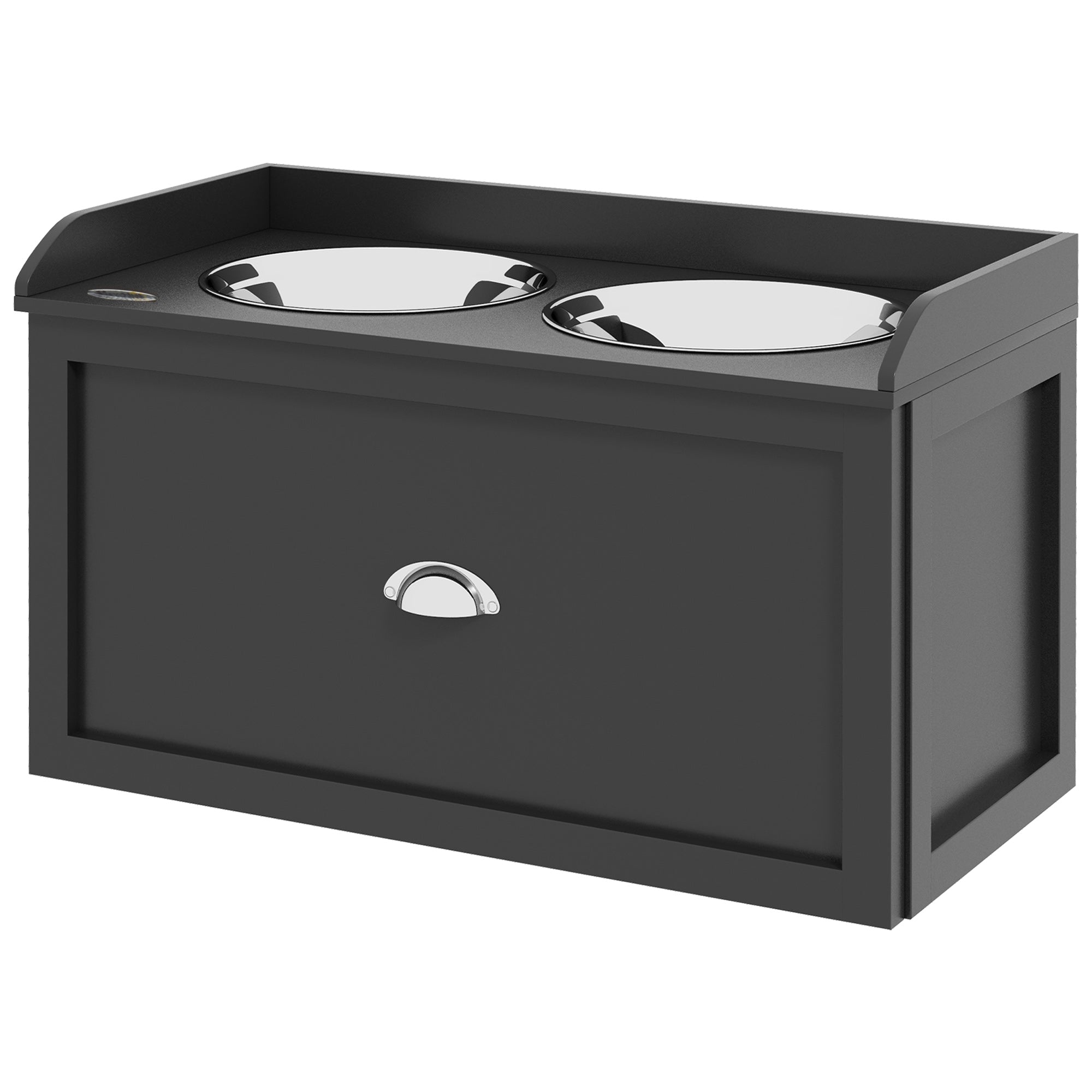 PawHut Elevated Dog Bowls for Large Dogs, Raised Pet Feeding Station with 2 Stainless Steel Bowls, Hidden Storage Drawer, Wood Stand for Cats, Black
