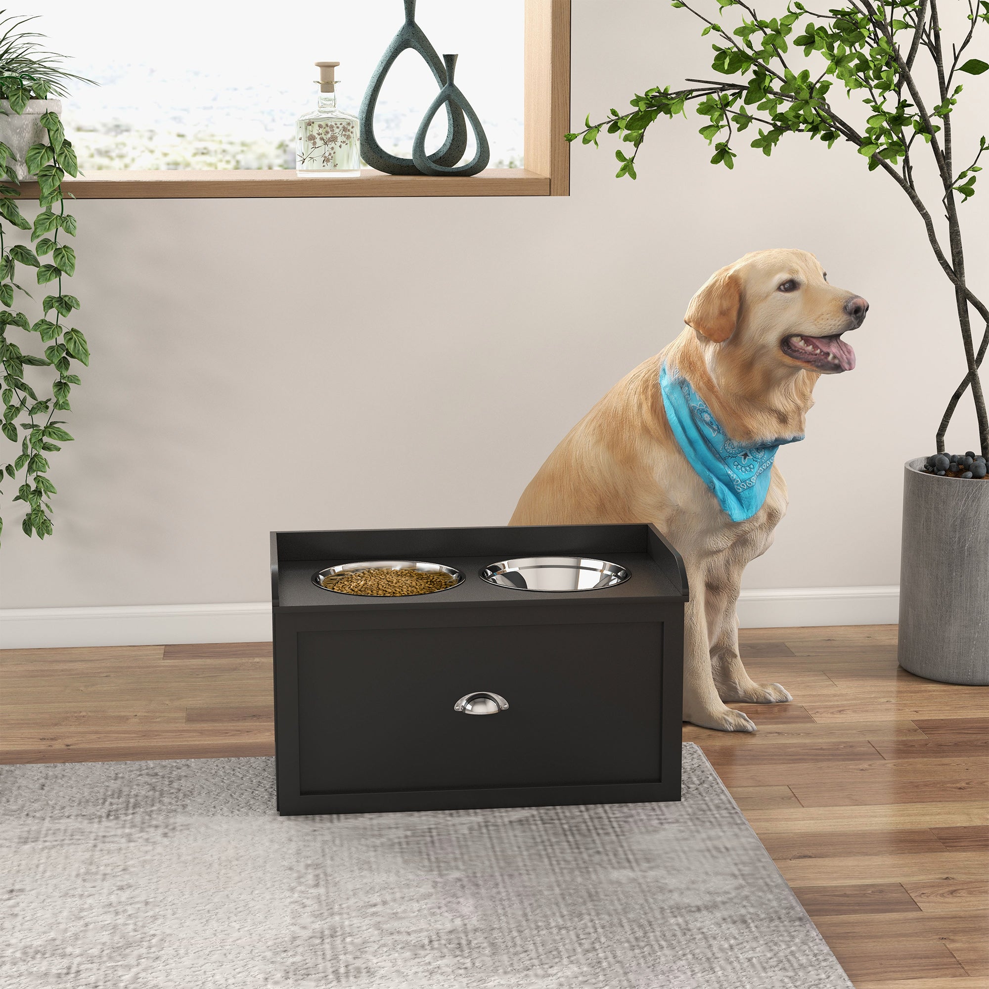 PawHut Elevated Dog Bowls for Large Dogs, Raised Pet Feeding Station with 2 Stainless Steel Bowls, Hidden Storage Drawer, Wood Stand for Cats, Black
