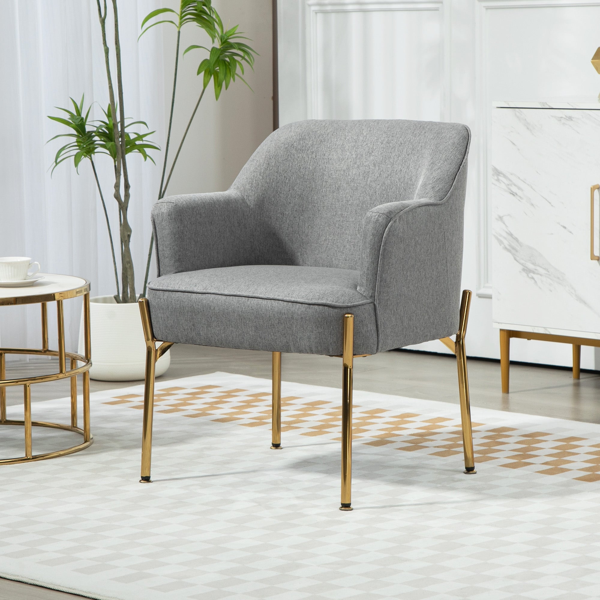 HOMCOM Fabric Accent Chair, Armchair, Modern Living Room Chair with Gold Metal Legs and Thick Padding for Bedroom, Grey