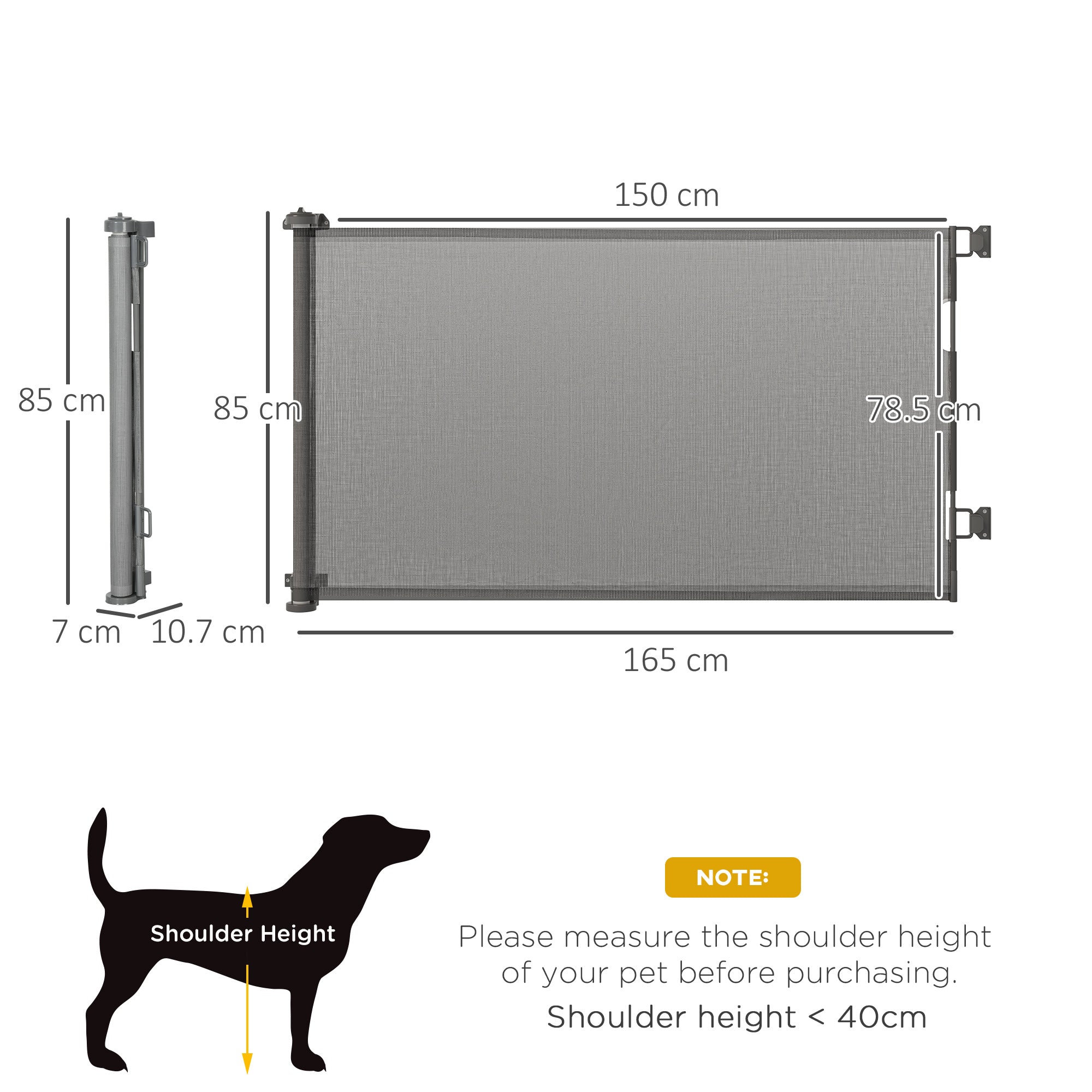 PawHut Retractable Stair Gate for Dogs 150cm Extendable, 85cm Tall, Extra Wide Foldable Mesh Pet Safety Gate w/ Single Hand Operation, for Stairs, Doorways, Hallways - Grey