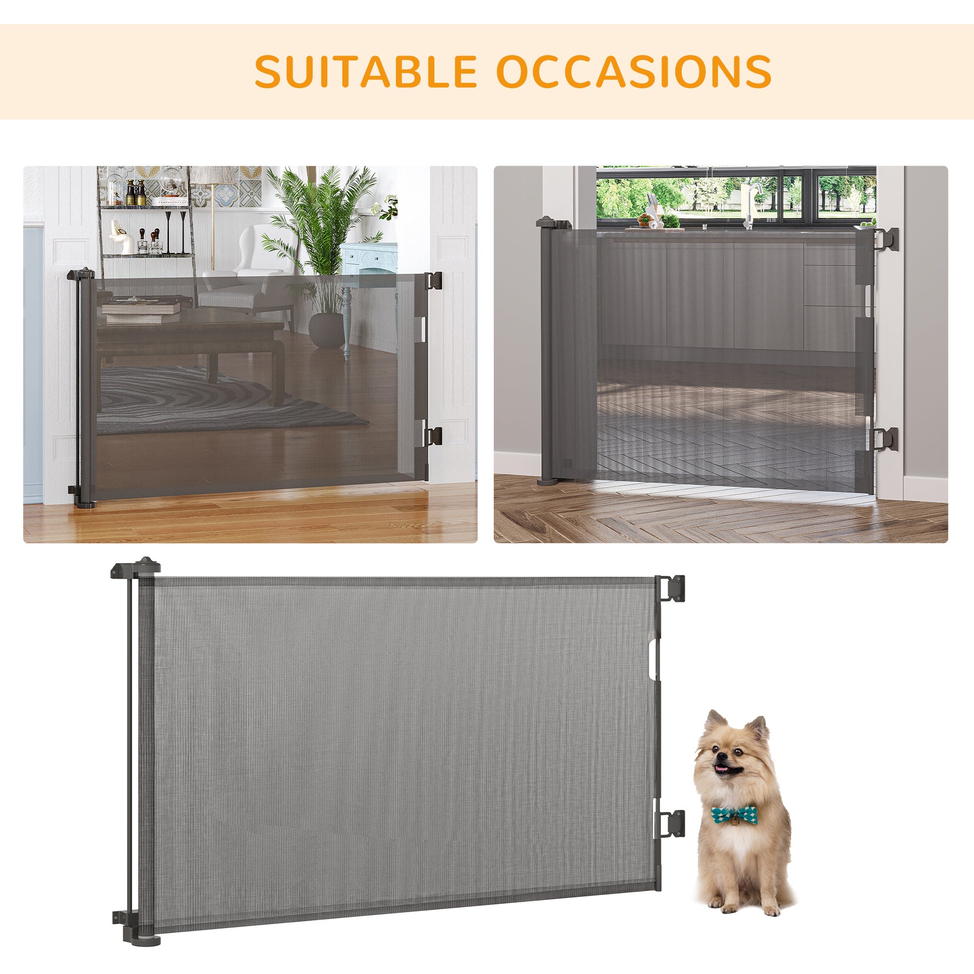 PawHut Retractable Stair Gate for Dogs 150cm Extendable, 85cm Tall, Extra Wide Foldable Mesh Pet Safety Gate w/ Single Hand Operation, for Stairs, Doorways, Hallways - Grey