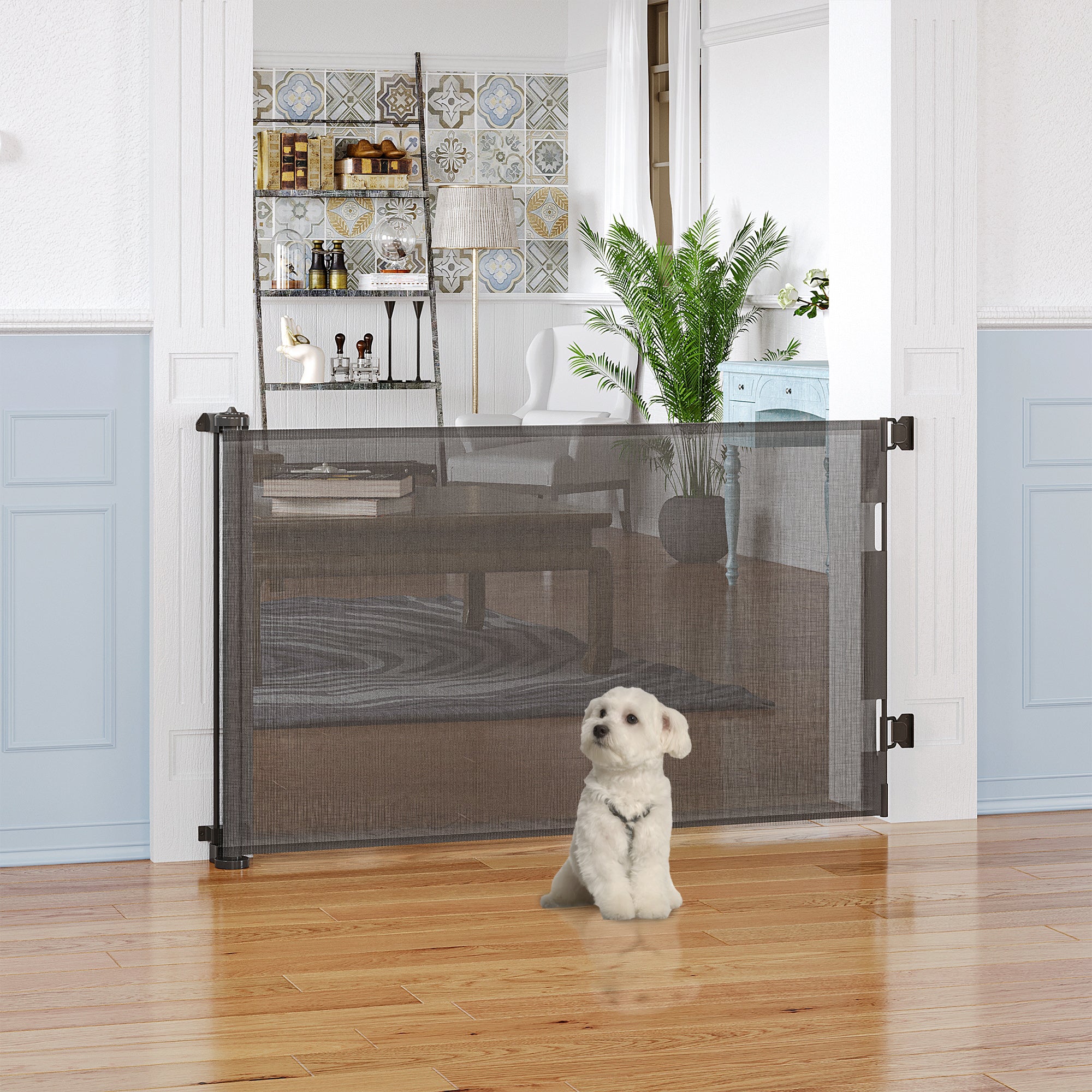 PawHut Retractable Stair Gate for Dogs 150cm Extendable, 85cm Tall, Extra Wide Foldable Mesh Pet Safety Gate w/ Single Hand Operation, for Stairs, Doorways, Hallways - Grey