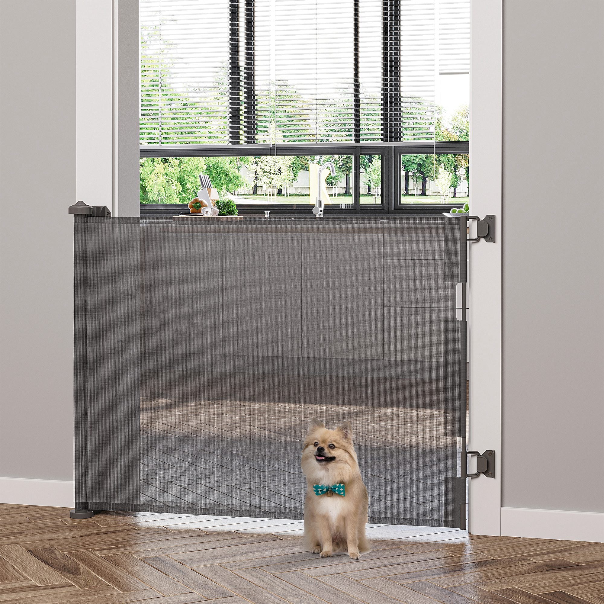 PawHut Retractable Stair Gate for Dogs 150cm Extendable, 85cm Tall, Extra Wide Foldable Mesh Pet Safety Gate w/ Single Hand Operation, for Stairs, Doorways, Hallways - Grey
