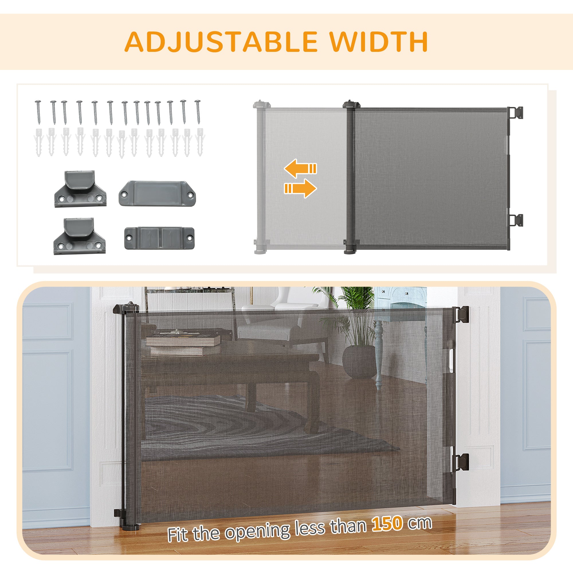 PawHut Retractable Stair Gate for Dogs 150cm Extendable, 85cm Tall, Extra Wide Foldable Mesh Pet Safety Gate w/ Single Hand Operation, for Stairs, Doorways, Hallways - Grey