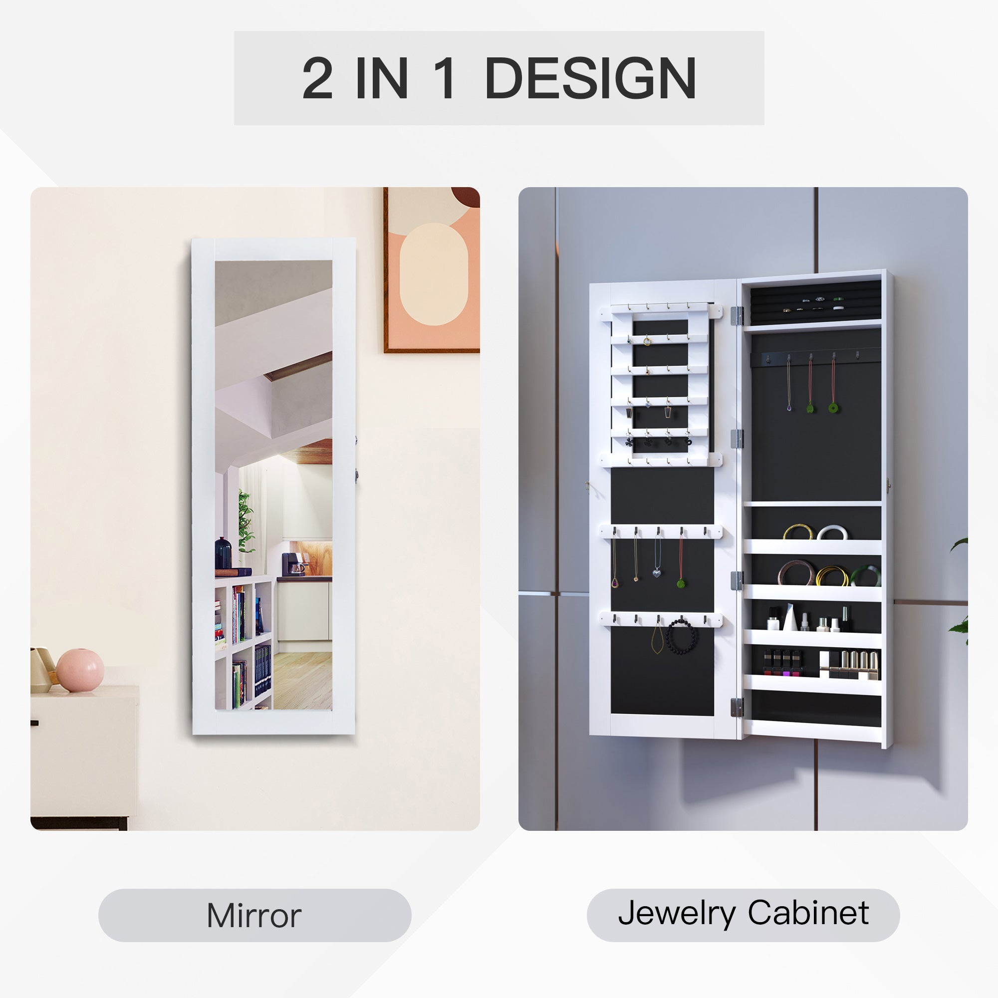 HOMCOM White Mirrored Jewelry Cabinet Hanging Wall Mount Real Glass Mirror Locked, White