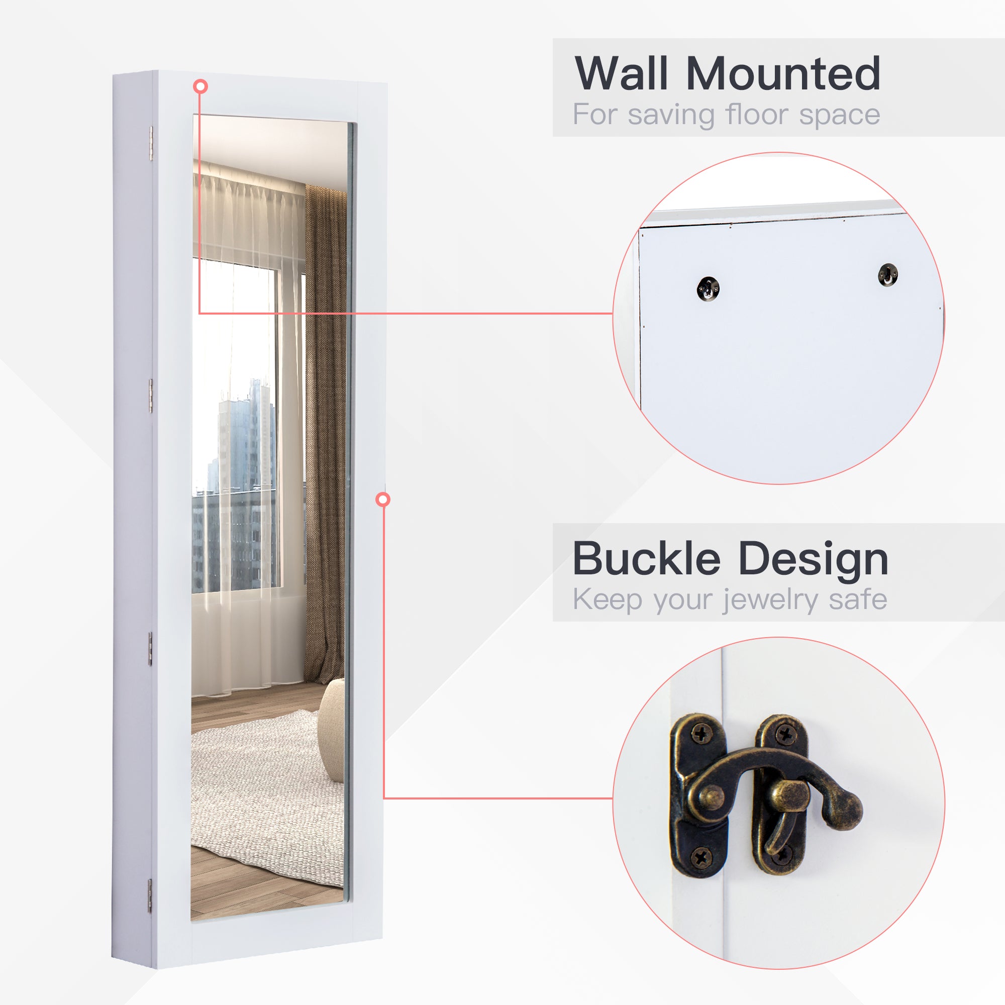 HOMCOM White Mirrored Jewelry Cabinet Hanging Wall Mount Real Glass Mirror Locked, White