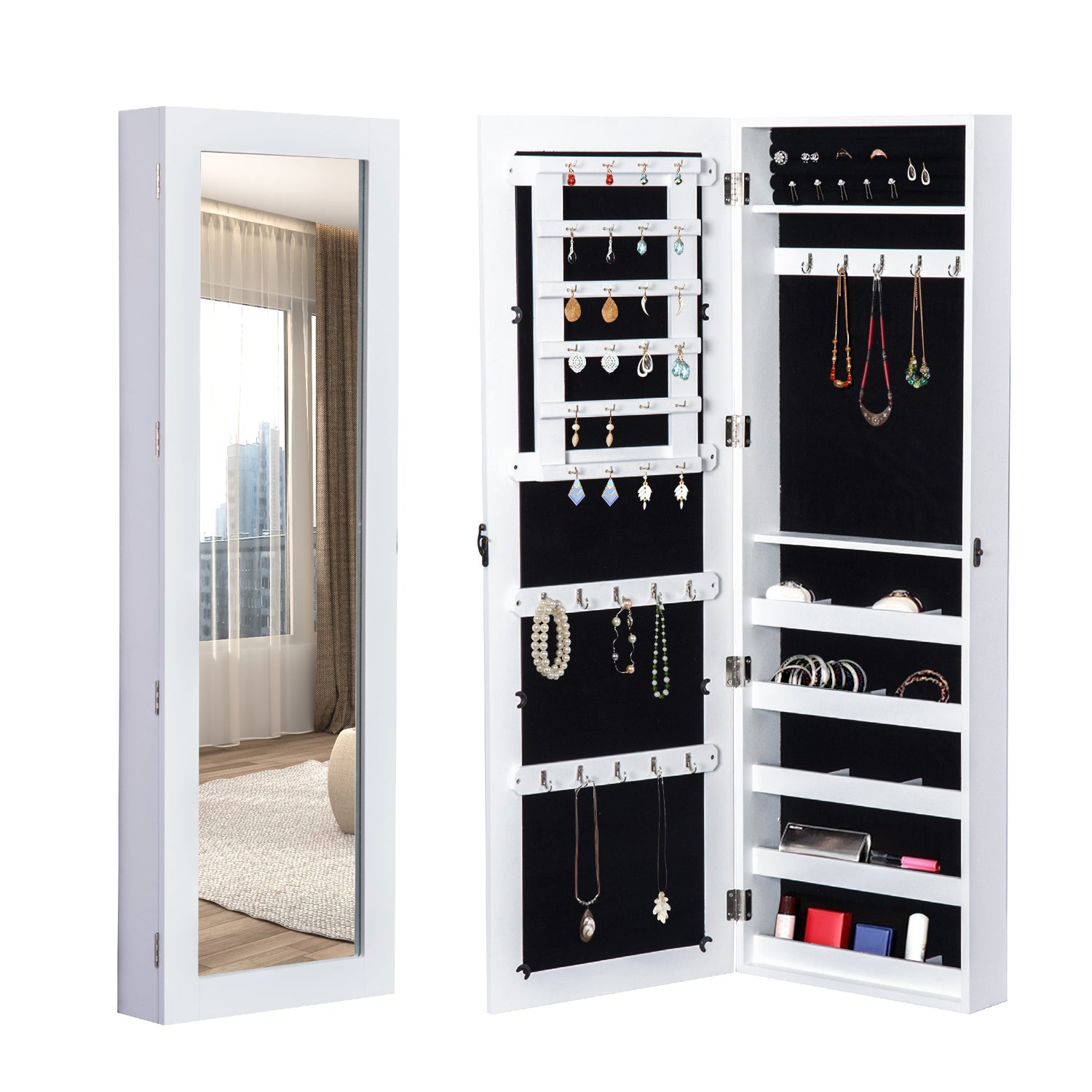 HOMCOM White Mirrored Jewelry Cabinet Hanging Wall Mount Real Glass Mirror Locked, White