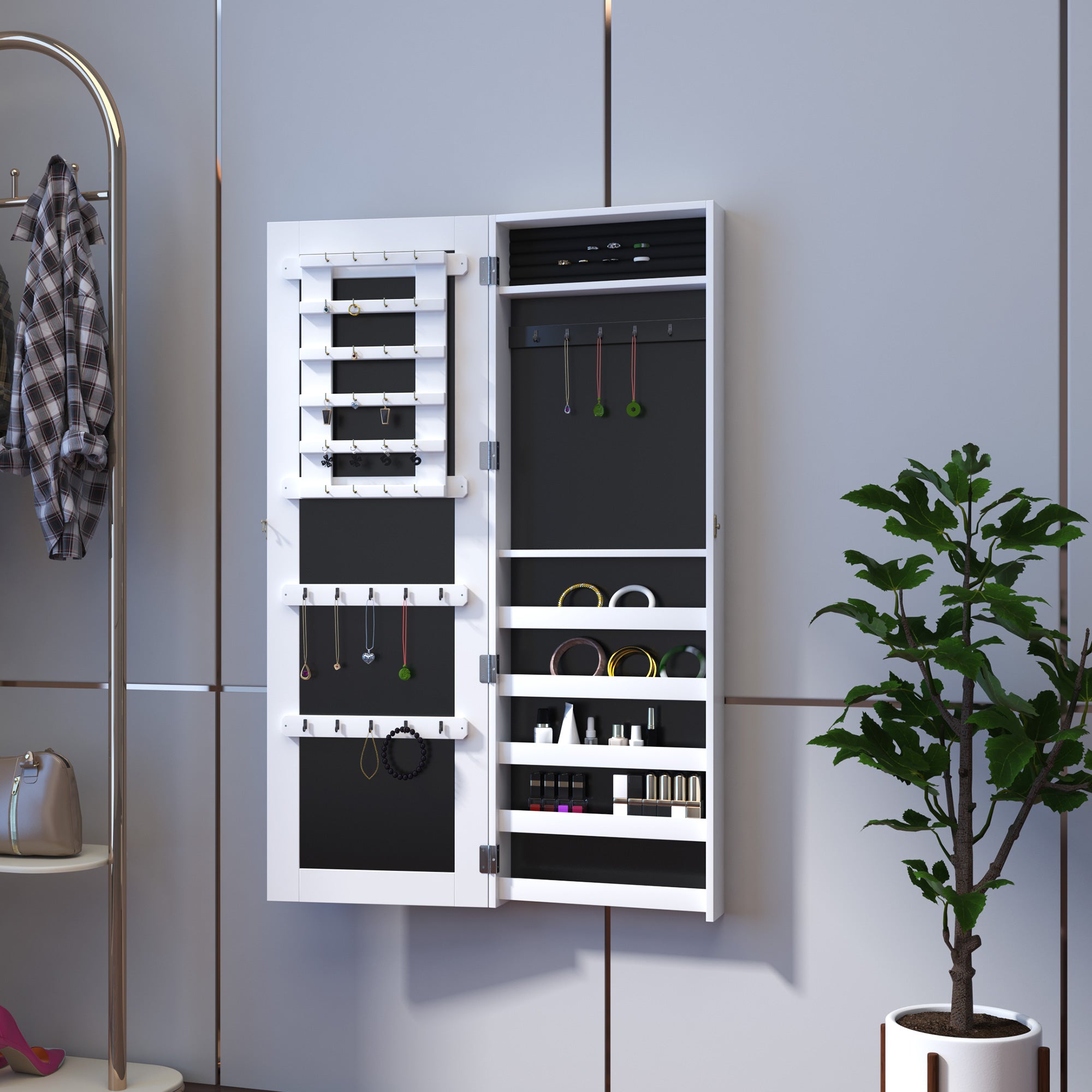 HOMCOM White Mirrored Jewelry Cabinet Hanging Wall Mount Real Glass Mirror Locked, White