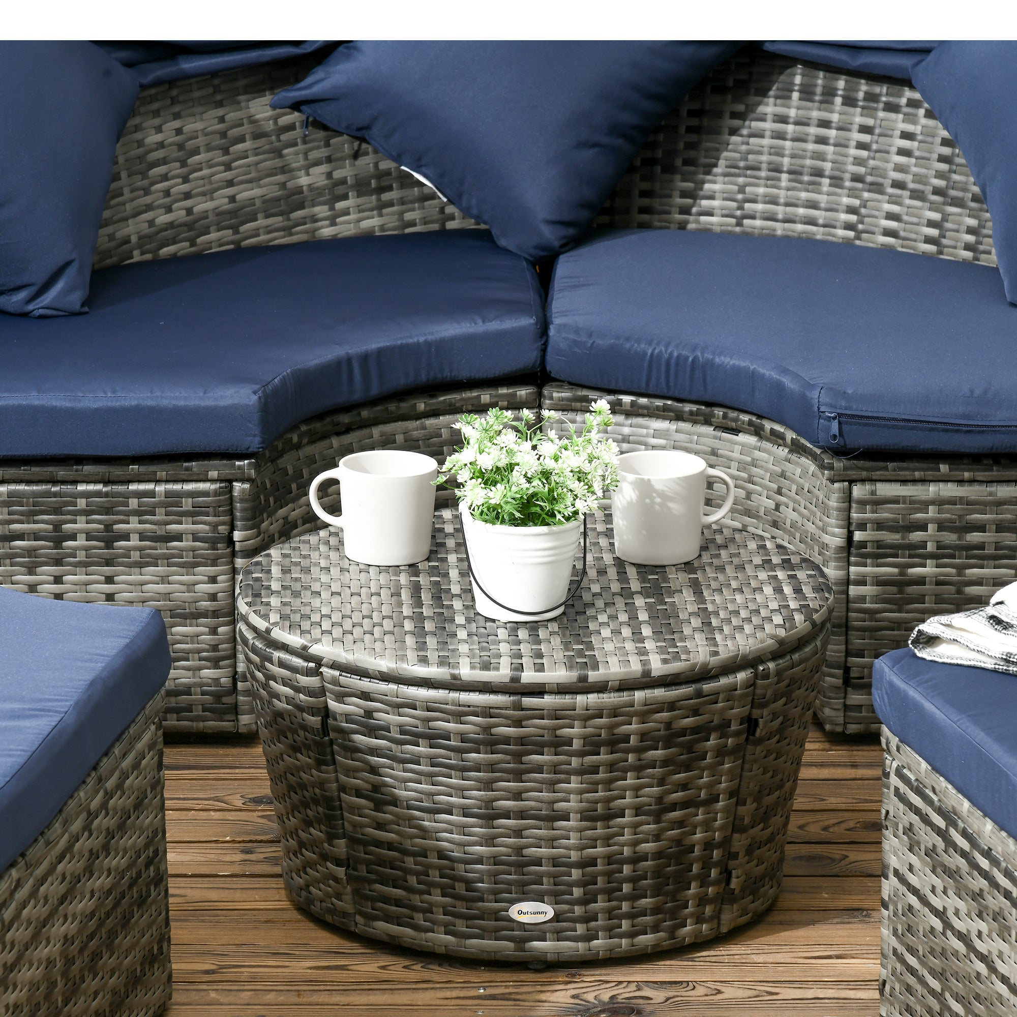 Outsunny 4 Pieces Outdoor Daybed with Retractable Canopy, PE Rattan Wicker Round Sofa Day Bed, Patio Sectional Conversation Furniture Set with Cushions and Pillows, Dark Blue