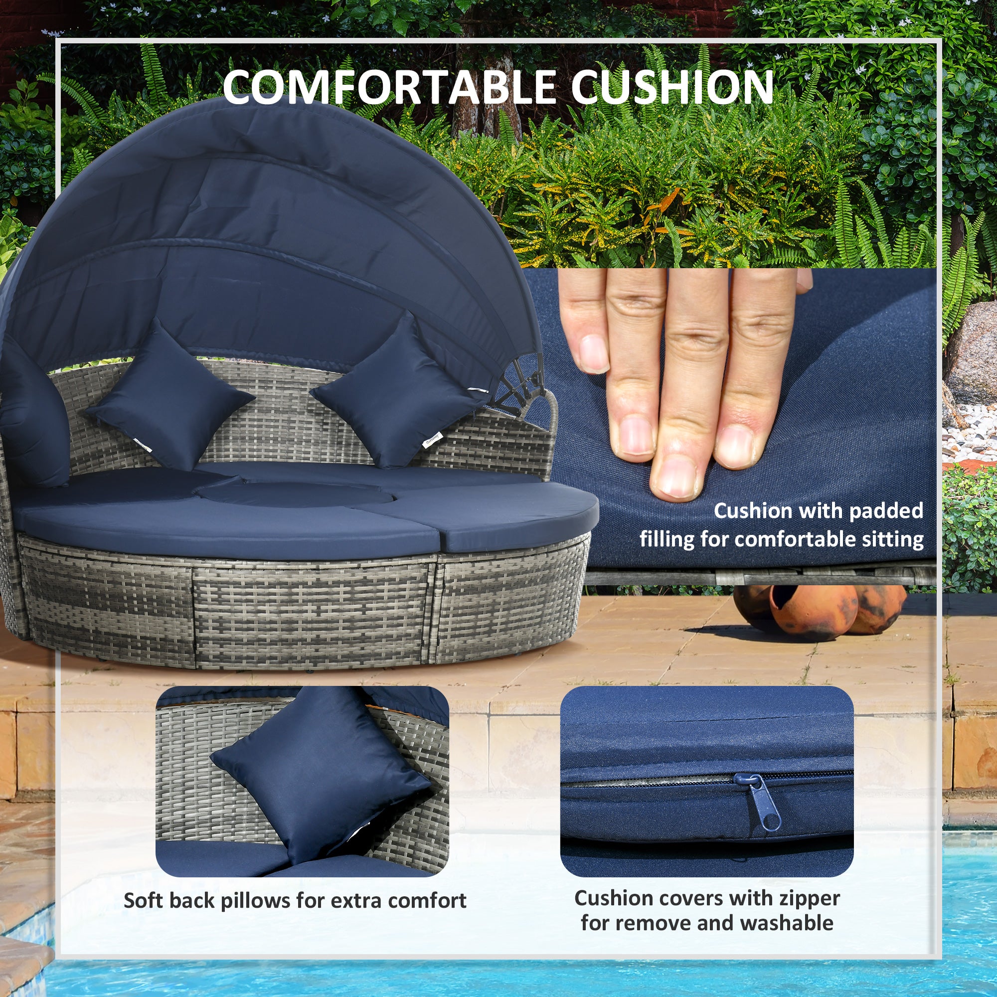 Outsunny 4 Pieces Outdoor Daybed with Retractable Canopy, PE Rattan Wicker Round Sofa Day Bed, Patio Sectional Conversation Furniture Set with Cushions and Pillows, Dark Blue