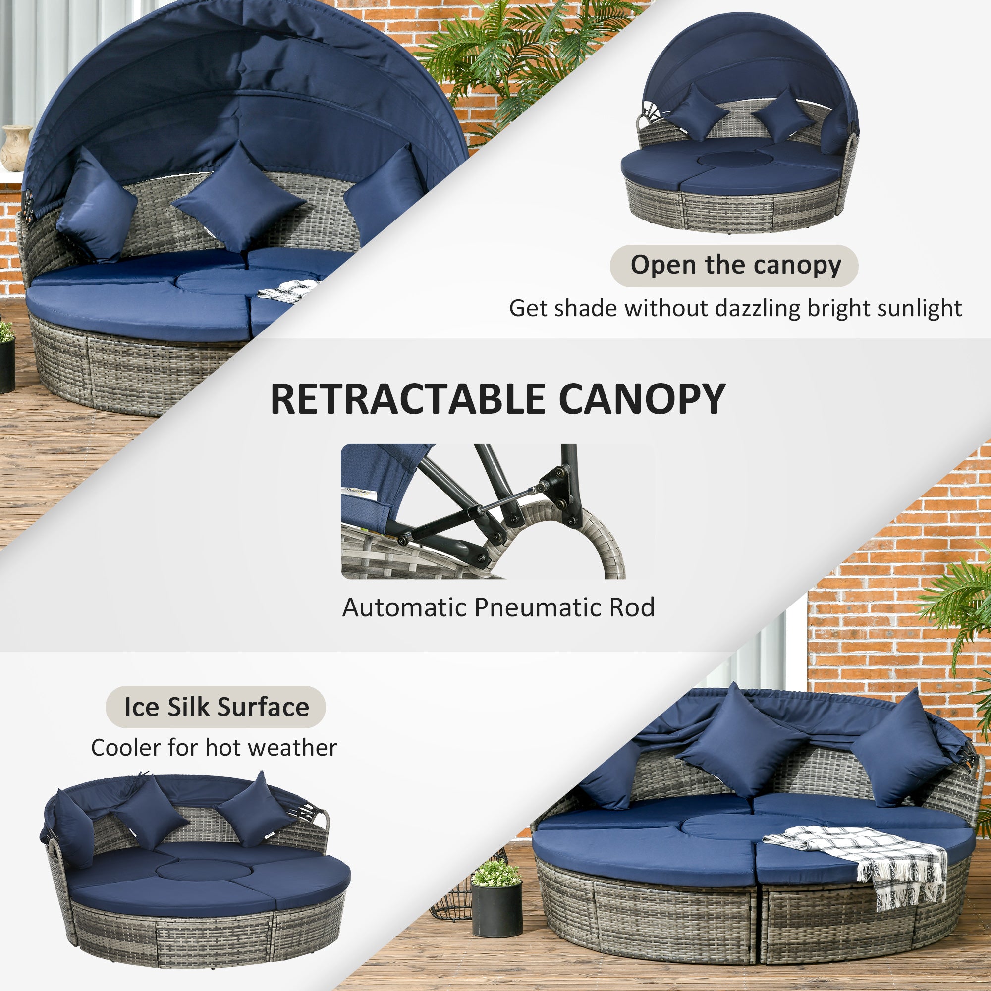 Outsunny 4 Pieces Outdoor Daybed with Retractable Canopy, PE Rattan Wicker Round Sofa Day Bed, Patio Sectional Conversation Furniture Set with Cushions and Pillows, Dark Blue