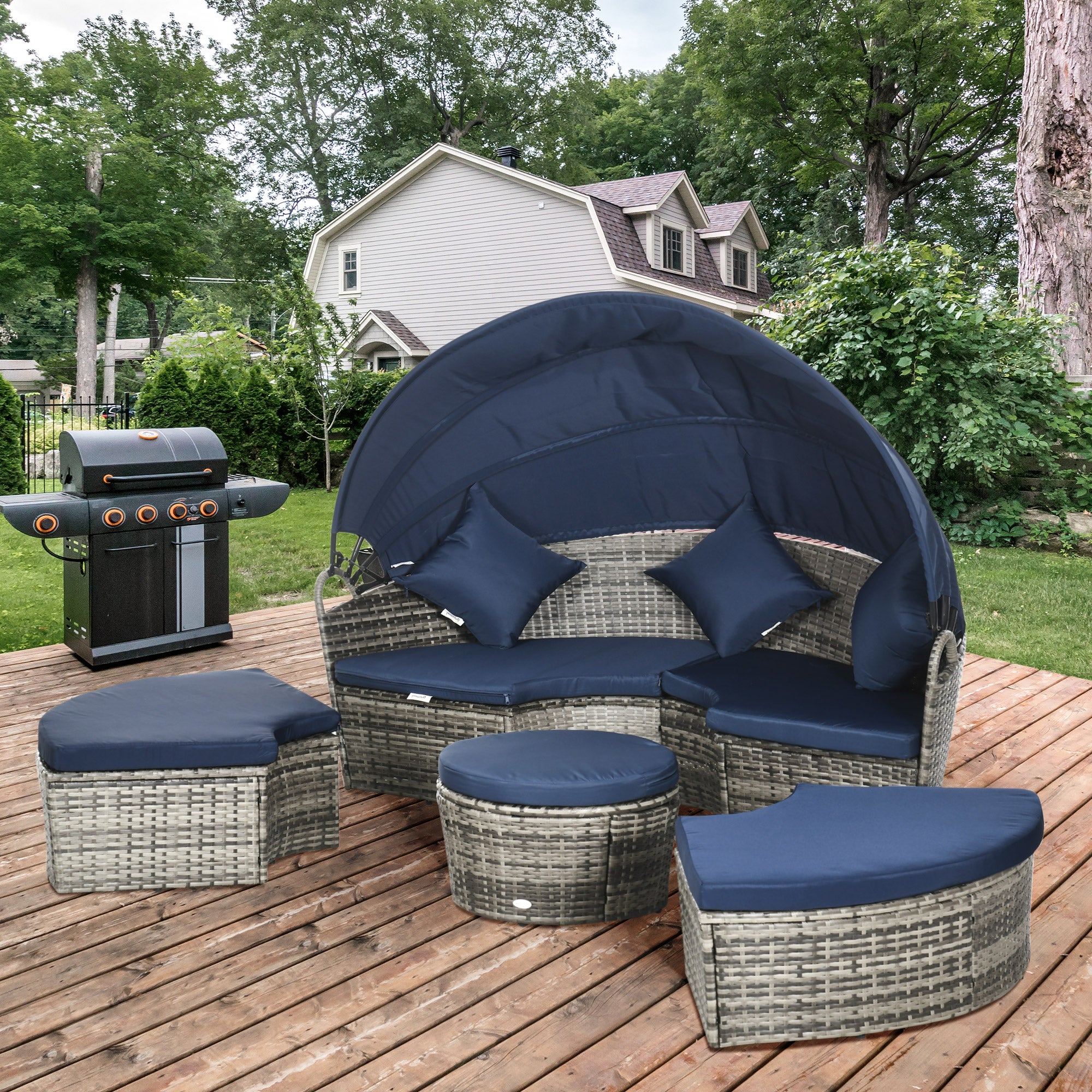 Outsunny 4 Pieces Outdoor Daybed with Retractable Canopy, PE Rattan Wicker Round Sofa Day Bed, Patio Sectional Conversation Furniture Set with Cushions and Pillows, Dark Blue