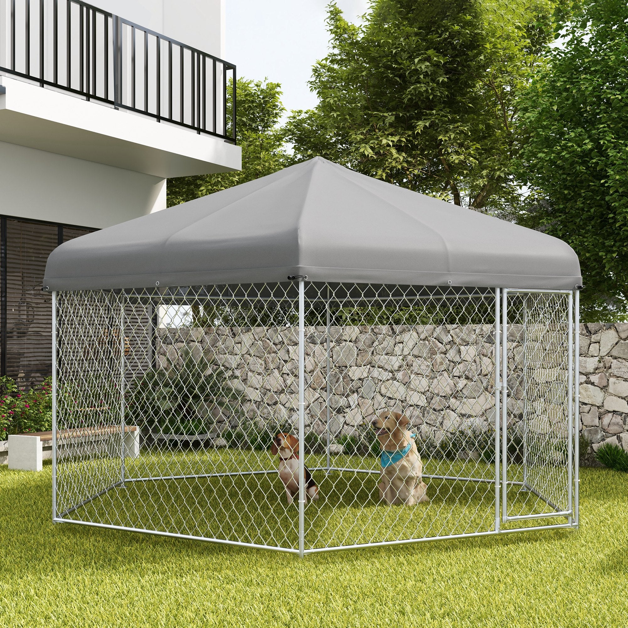 PawHut Outdoor Dog Kennel Dog Run with Waterproof, UV Resistant Cover for Medium and Large Sized Dogs, 13.4' x 11.5' x 8.8', Silver