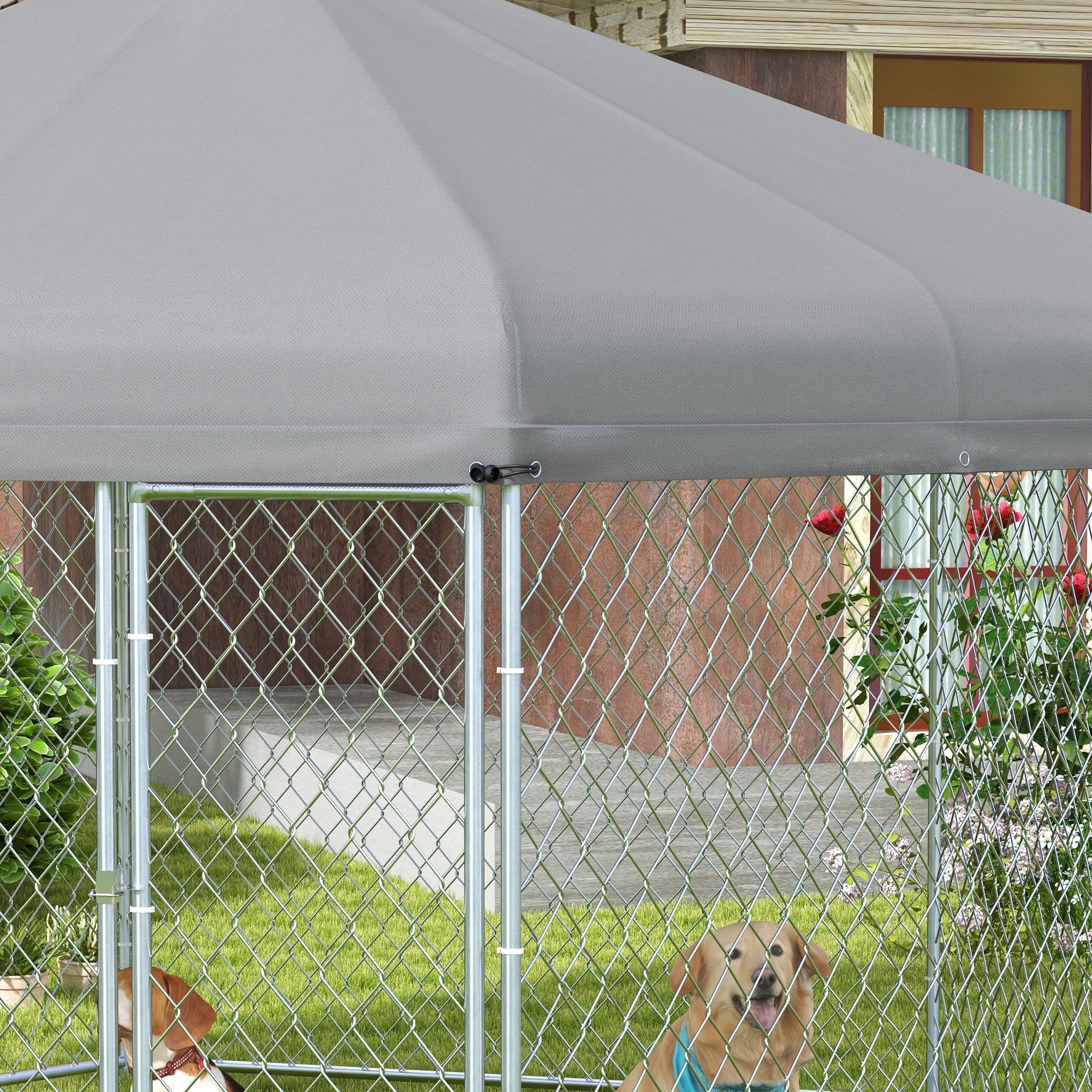 PawHut Outdoor Dog Kennel Dog Run with Waterproof, UV Resistant Cover for Medium and Large Sized Dogs, 13.4' x 11.5' x 8.8', Silver