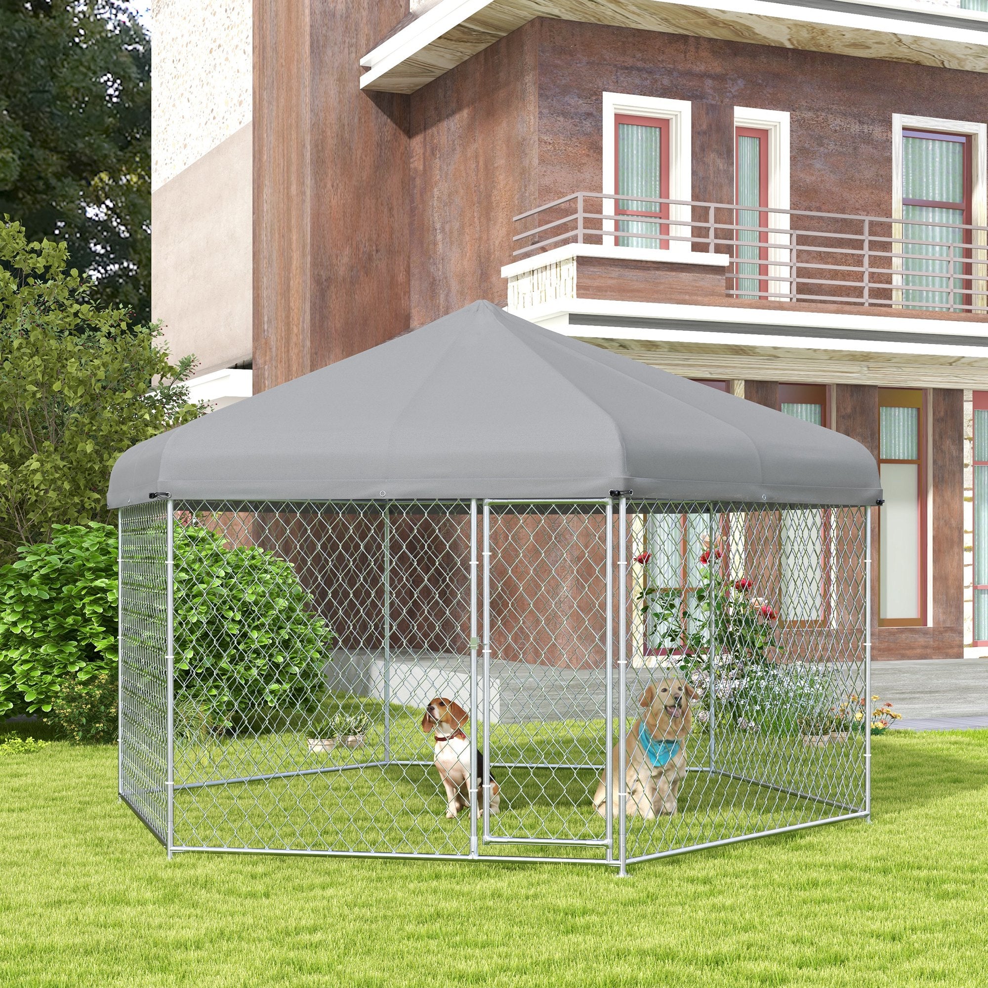 PawHut Outdoor Dog Kennel Dog Run with Waterproof, UV Resistant Cover for Medium and Large Sized Dogs, 13.4' x 11.5' x 8.8', Silver