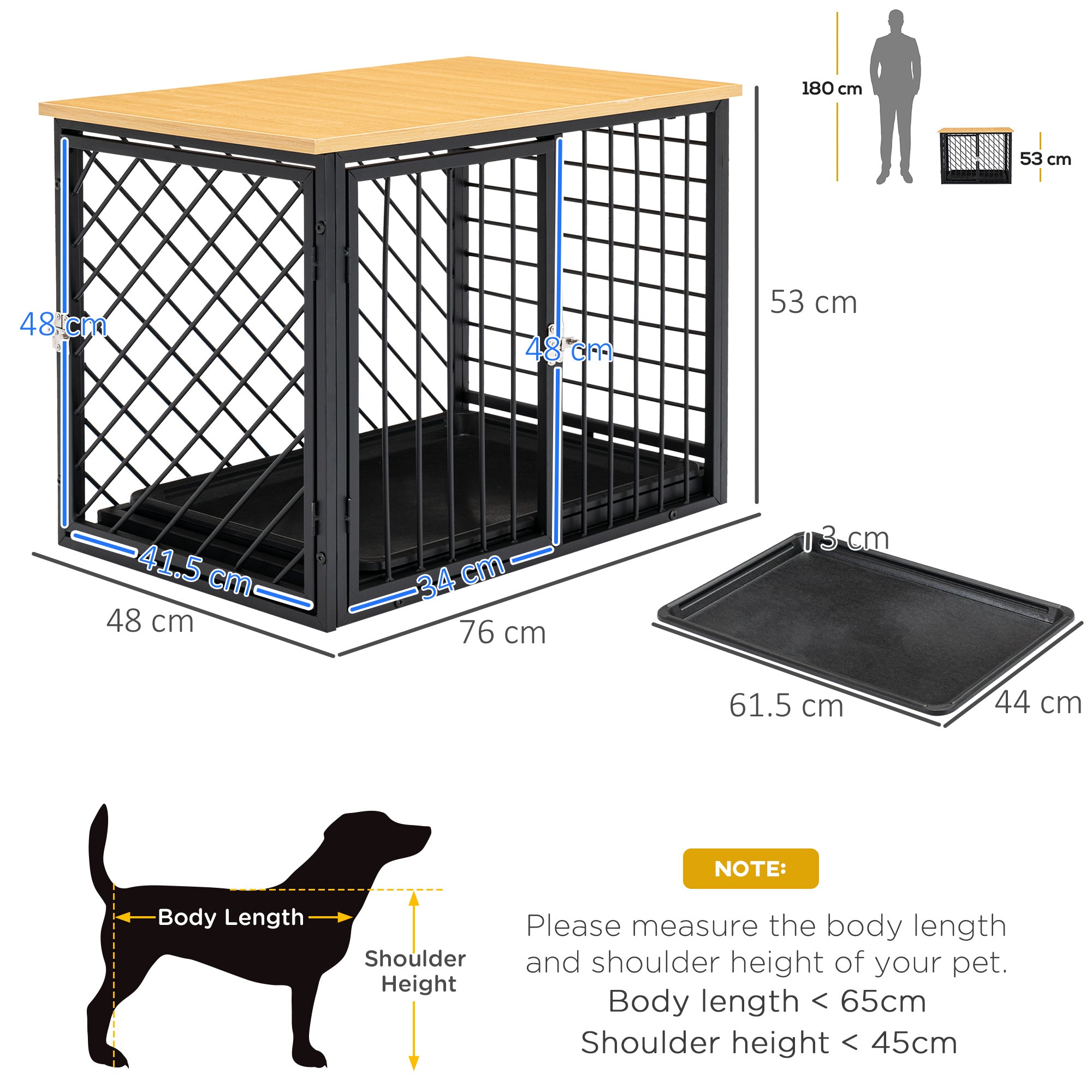 PawHut Steel Dog Crate Small Medium Dog Kennel Two Doors Tray Large Top Pet Cage 76L x 48W x 53H cm, Black