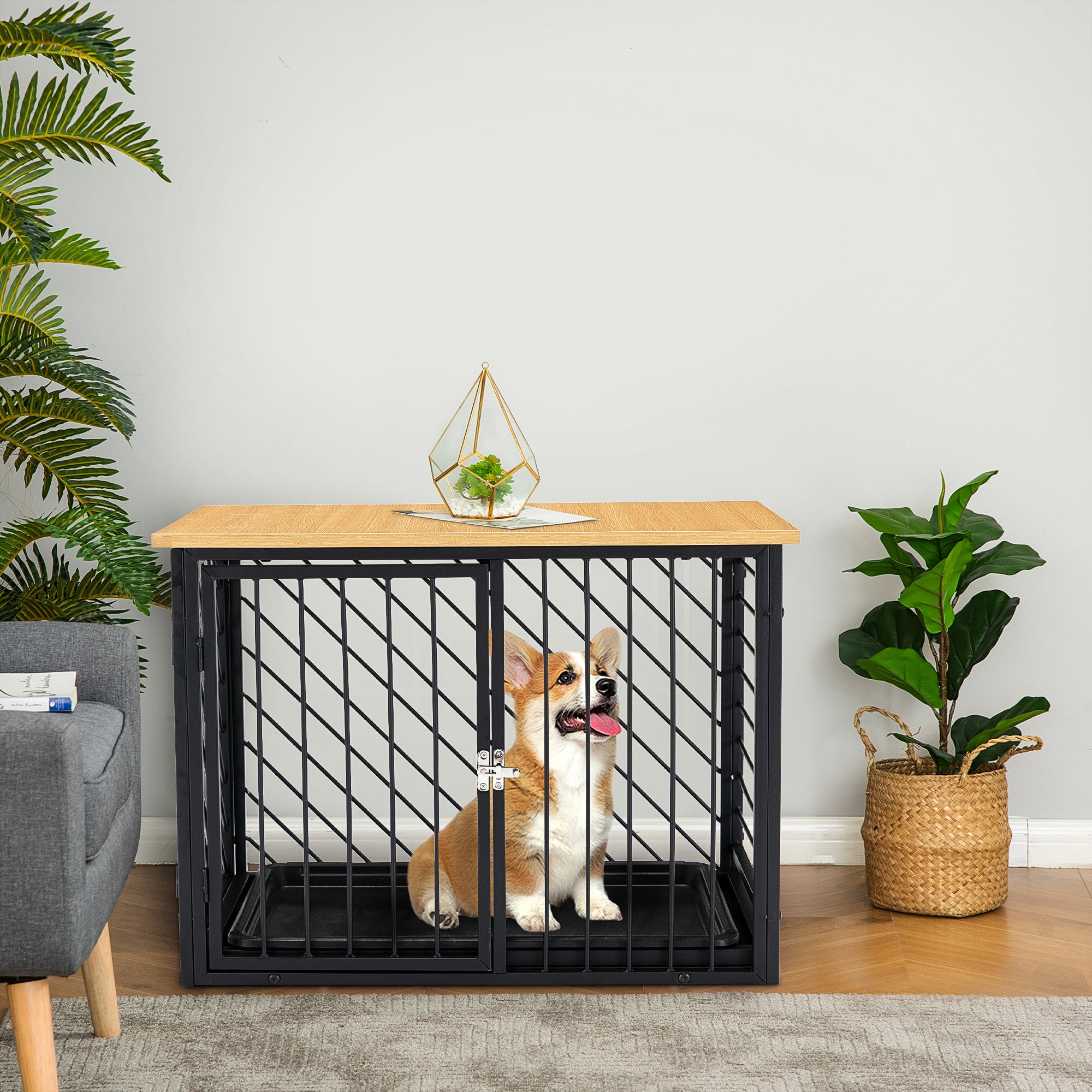 PawHut Dog Crate Furniture, Heavy Duty Dog Kennel End Table with Removable Tray, for Small Medium Dogs, Indoor Use, Black