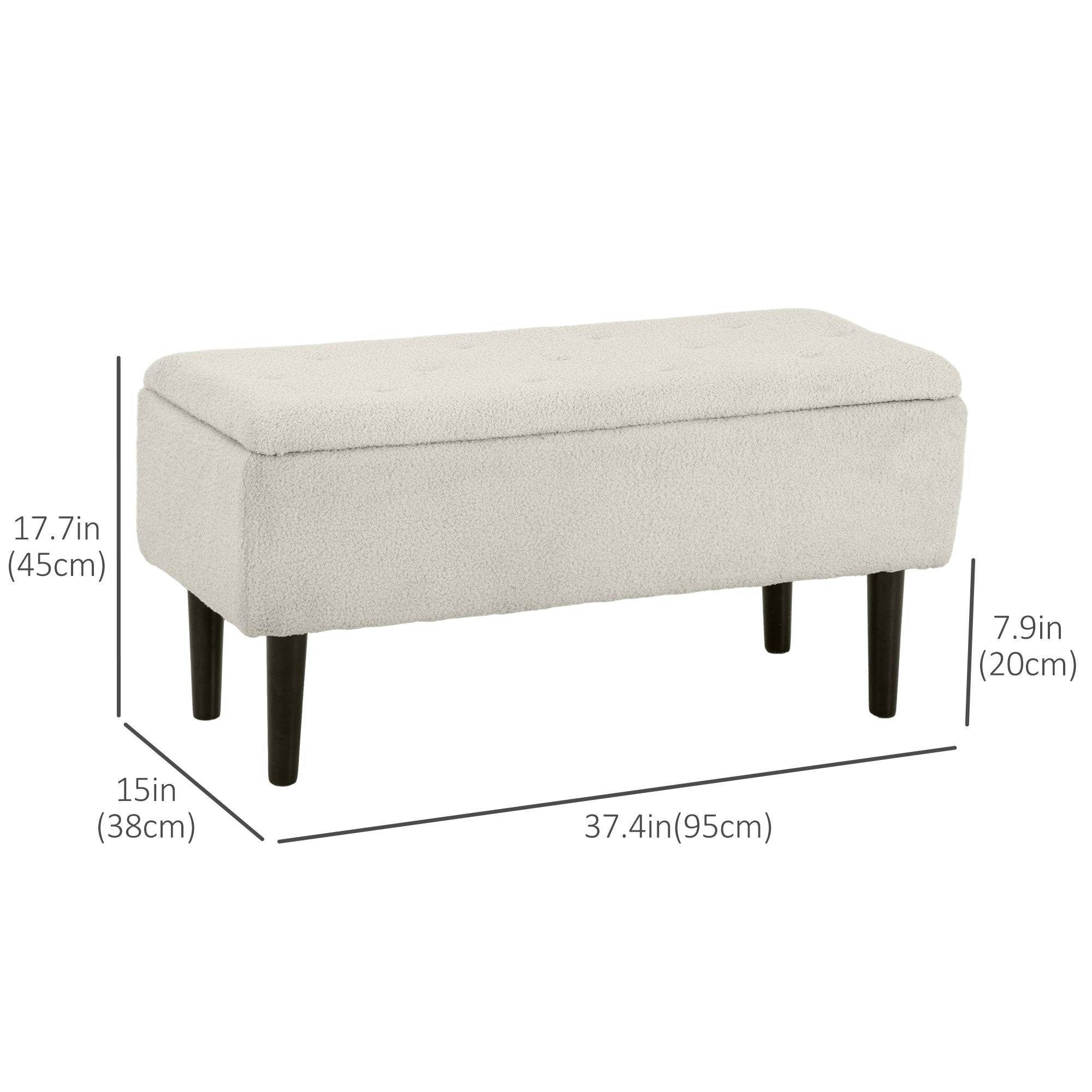HOMCOM 37 Inch Modern Ottoman with Storage and Wooden Legs, Storage Ottoman with Teddy Velvet Upholstery, for Living Room, Bedroom, Cream White