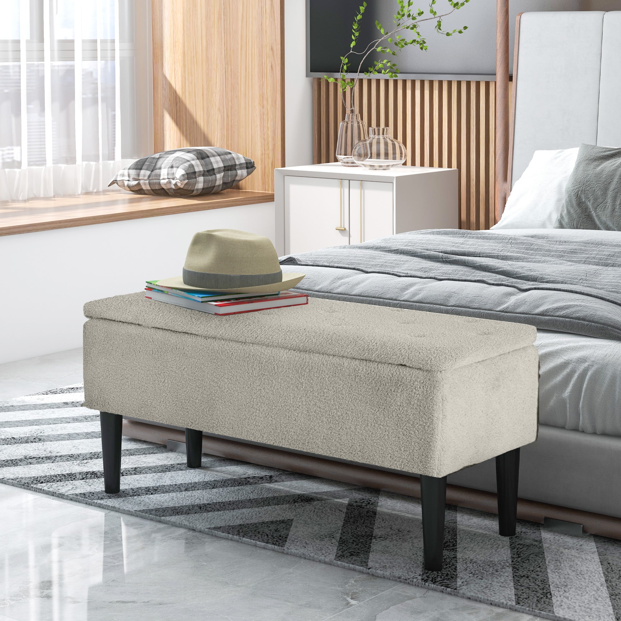 HOMCOM 37 Inch Modern Ottoman with Storage and Wooden Legs, Storage Ottoman with Teddy Velvet Upholstery, for Living Room, Bedroom, Cream White