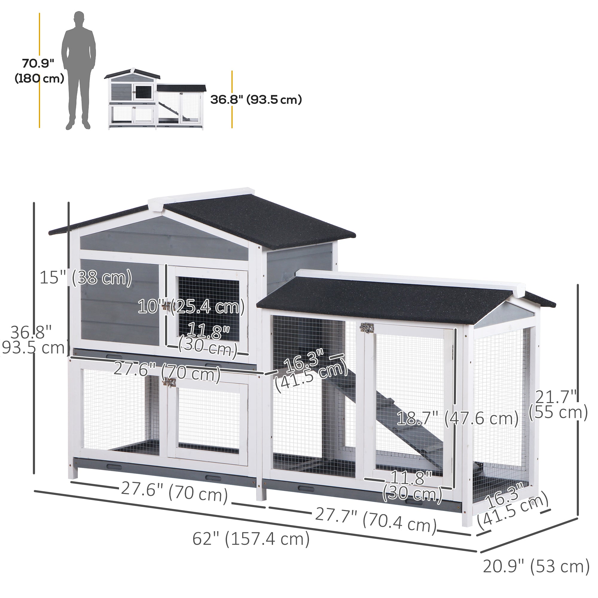 PawHut 2-tier Wood Rabbit Hutch Backyard Bunny Cage Small Animal House w/ Ramp and Outdoor Run, Grey