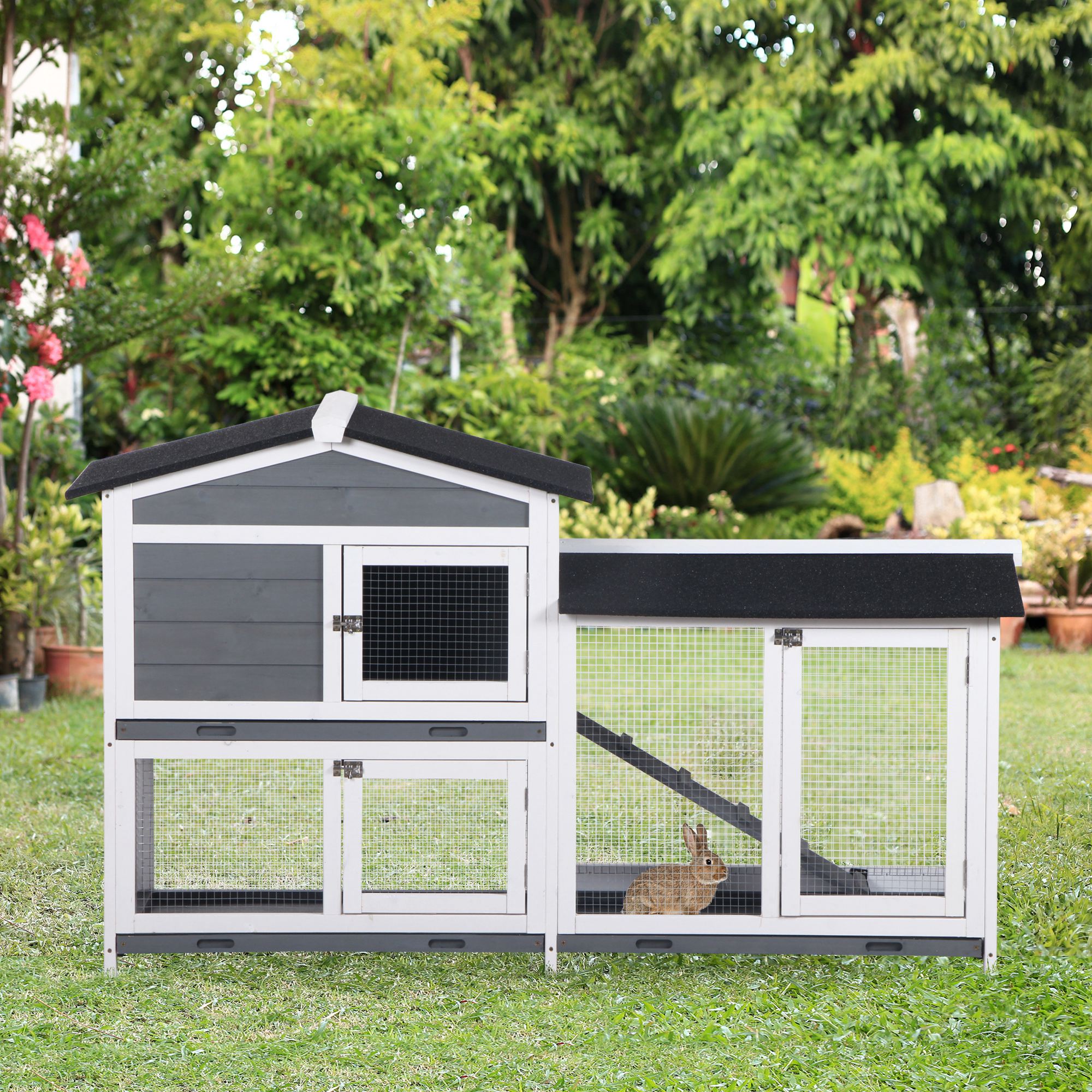 PawHut 2-tier Wood Rabbit Hutch Backyard Bunny Cage Small Animal House w/ Ramp and Outdoor Run, Grey